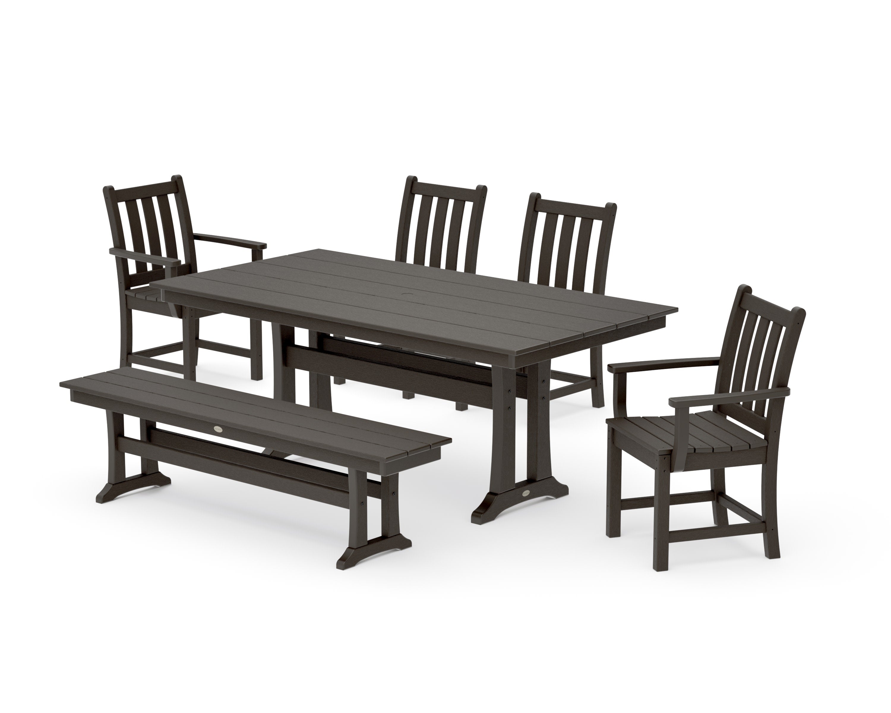Traditional Garden 6-Piece Farmhouse Dining Set with Trestle Legs and Bench in Vintage Coffee