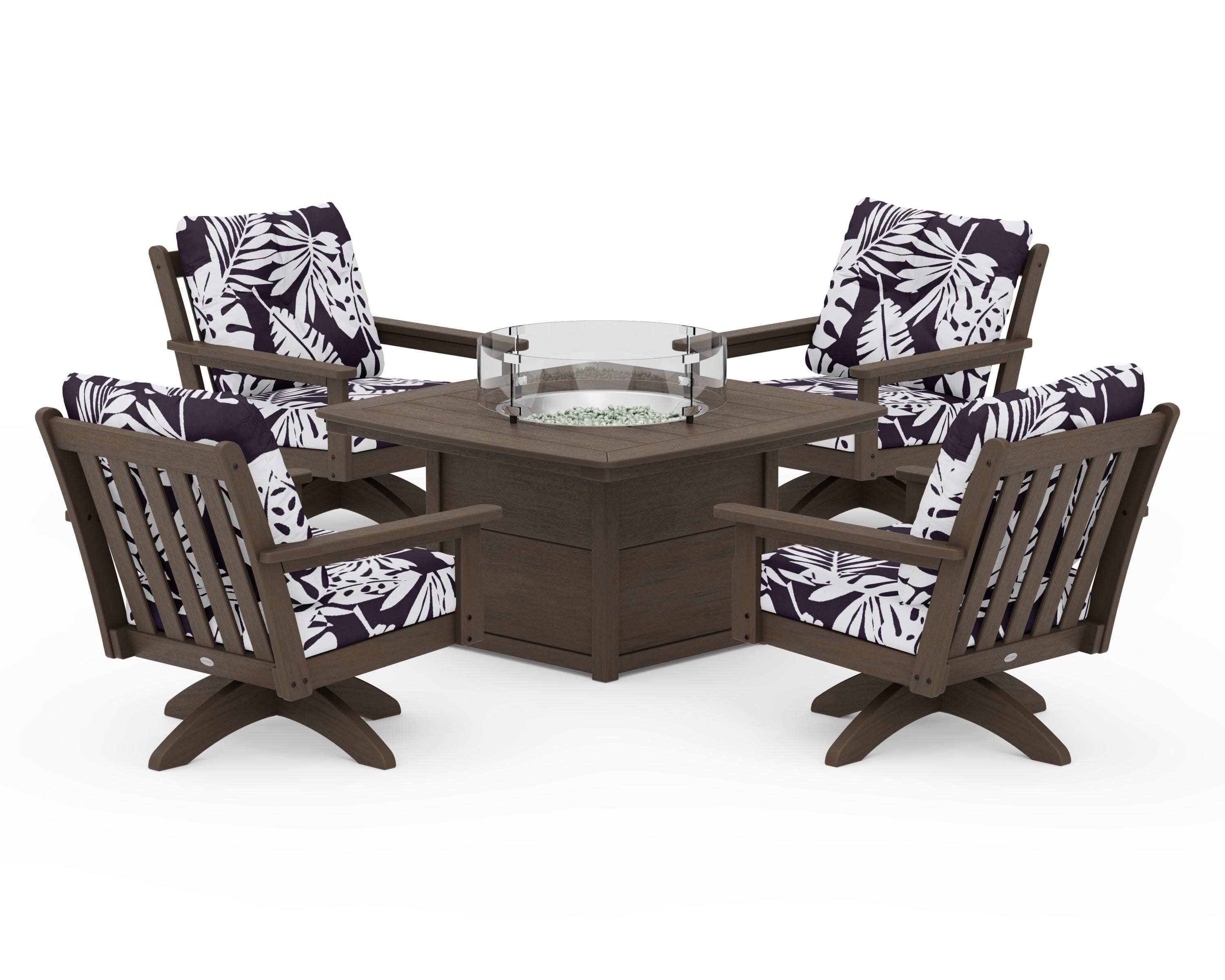 Vineyard 5-Piece Deep Seating Swivel Conversation Set with Fire Pit Table in Kona / Leaf Navy