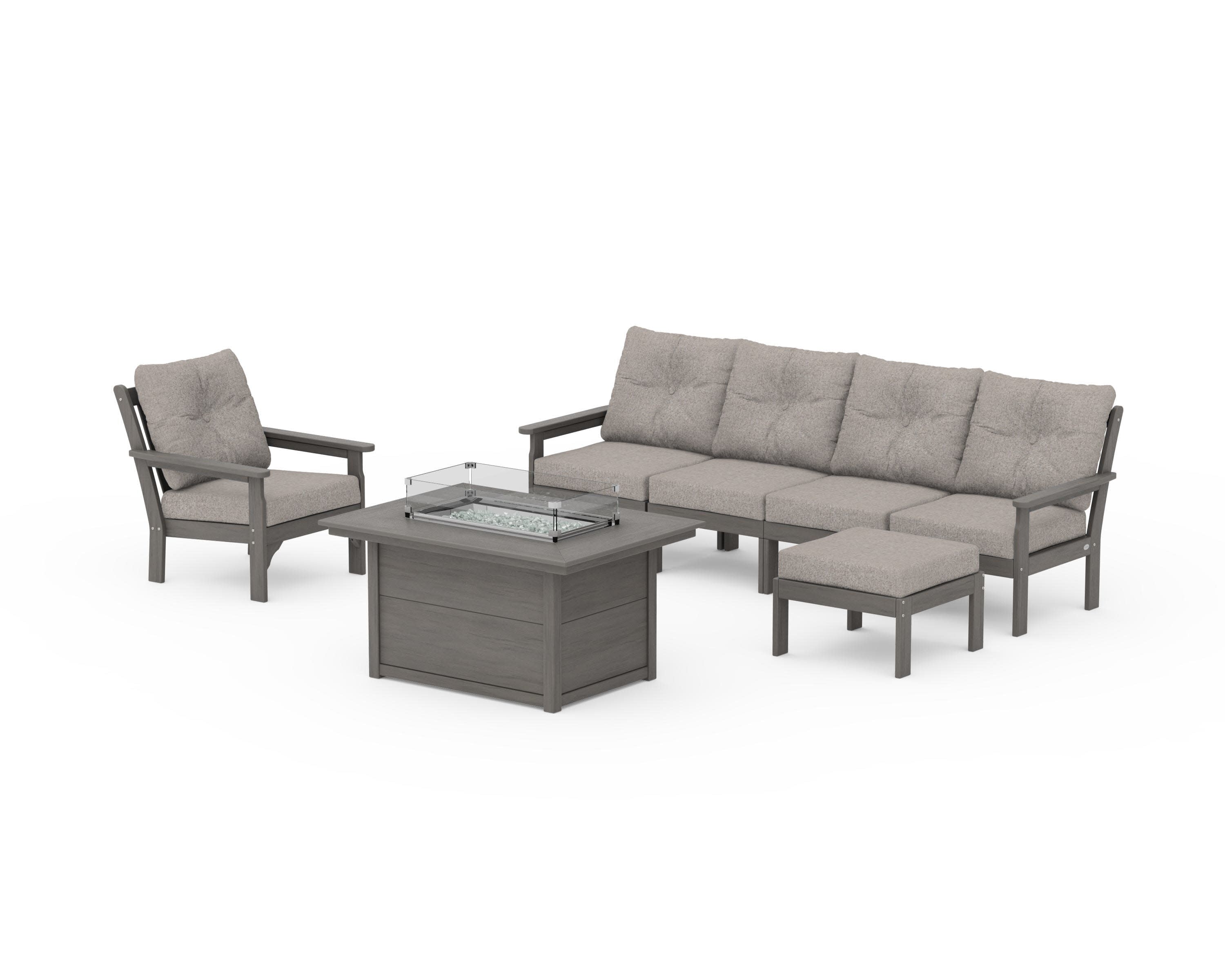 Vineyard Sectional Lounge and Fire Pit Set in Driftwood / Weathered Tweed