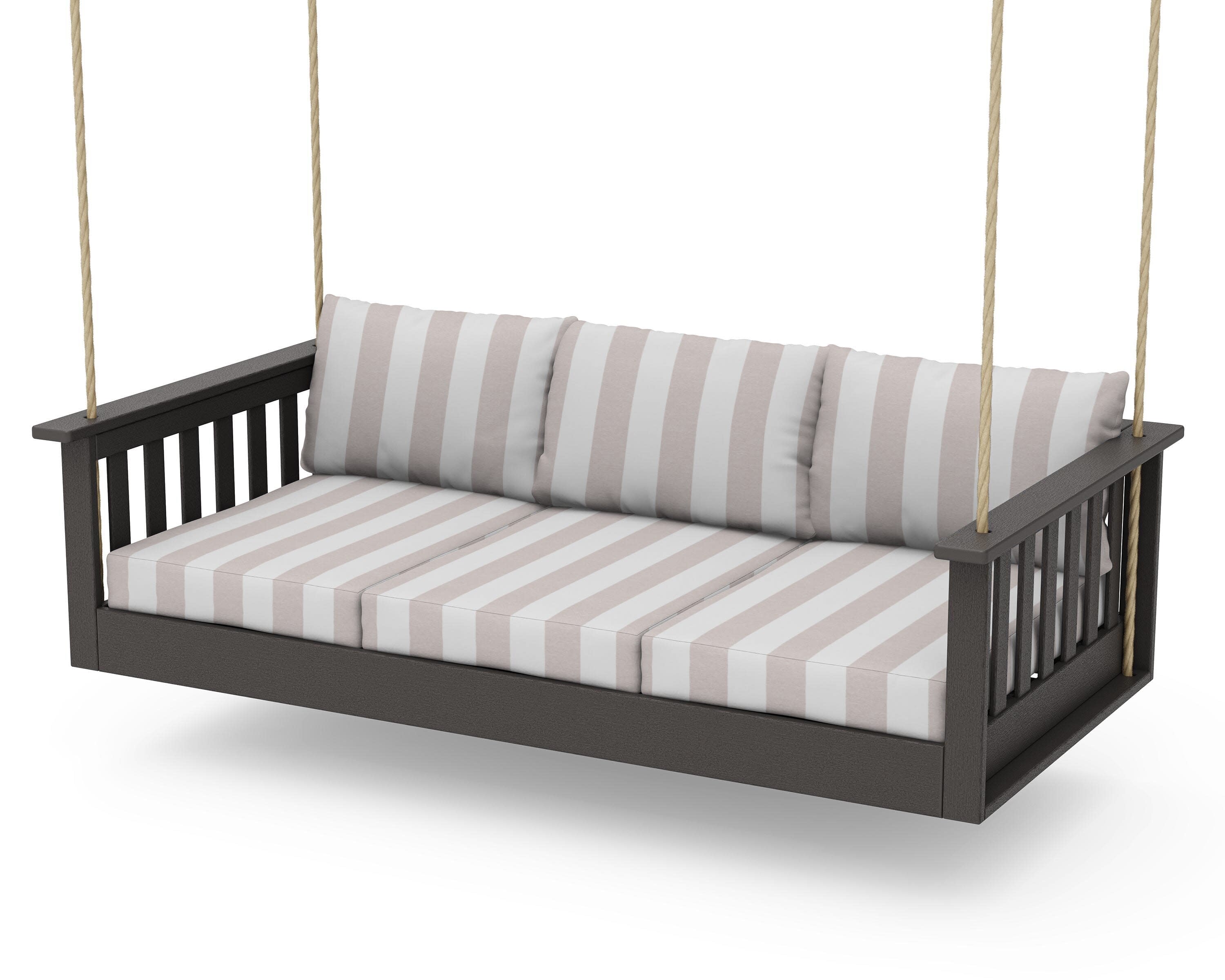 Vineyard Daybed Swing in Vintage Coffee / Cabana Stripe Dune Burlap