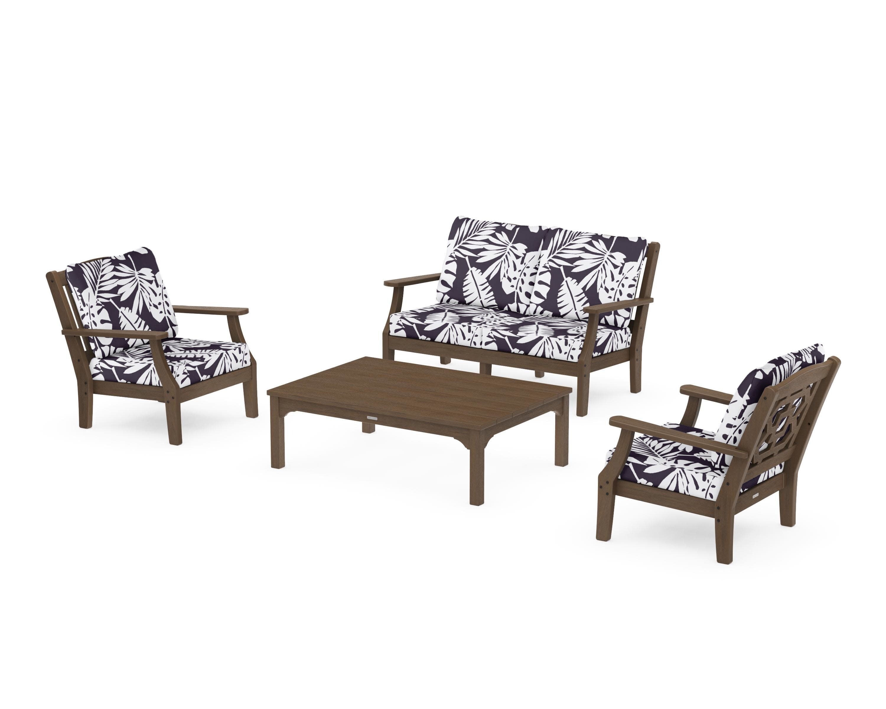 Chinoiserie 4-Piece Deep Seating Set with Loveseat in Kona / Leaf Navy