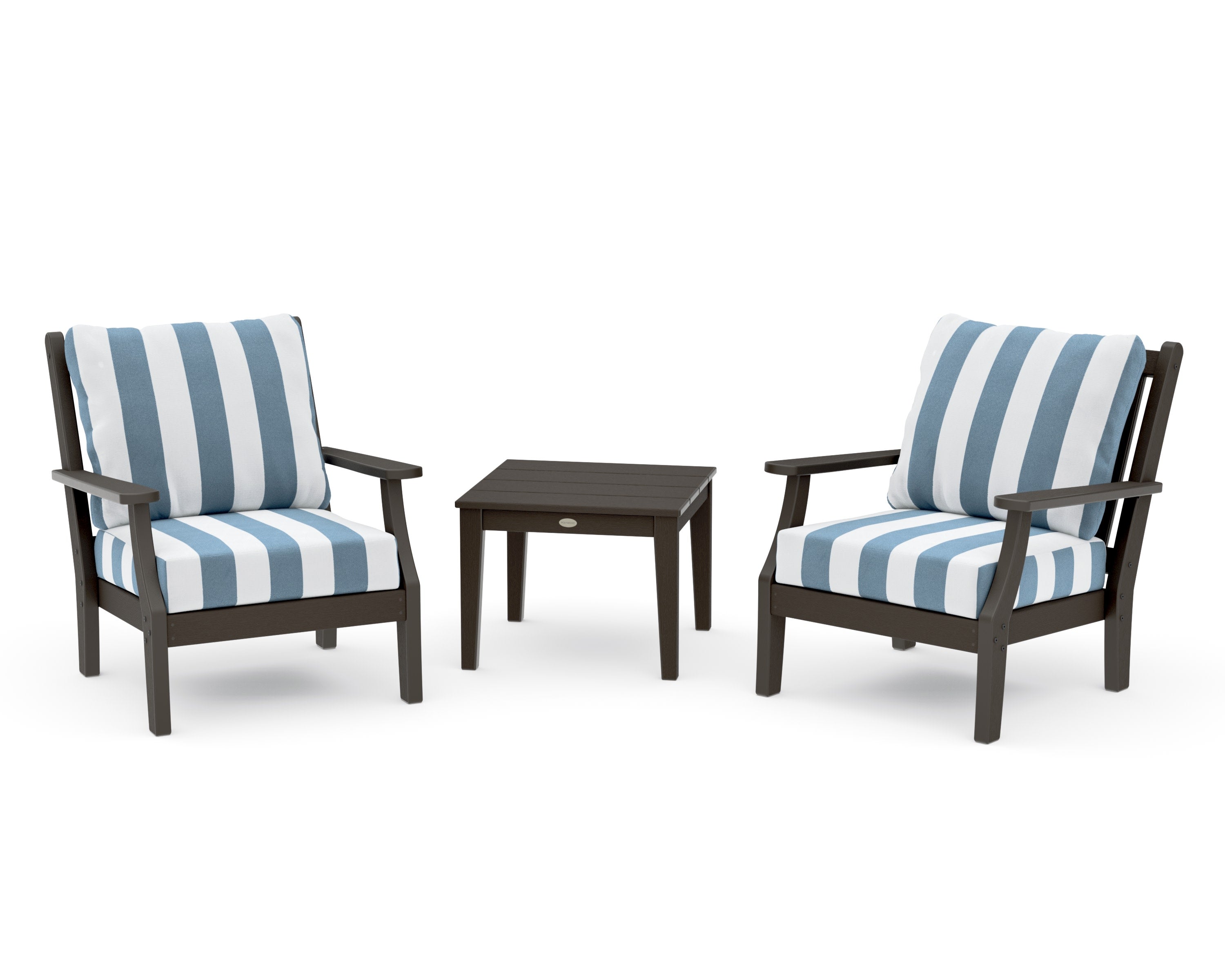 Wovendale 3-Piece Deep Seating Set in Vintage Coffee / Cabana Stripe Sky Blue