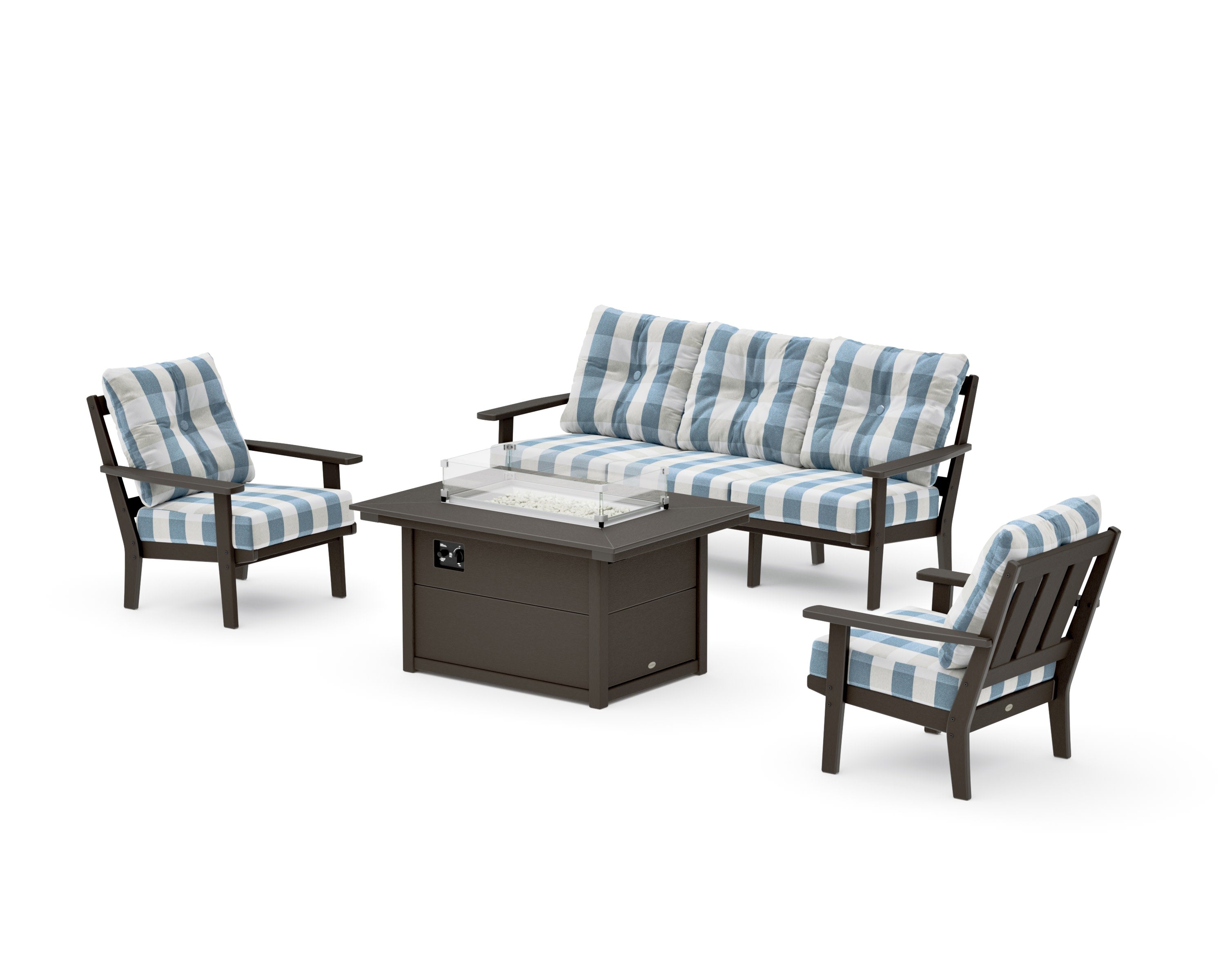 Oxford Deep Seating Fire Pit Table Set in Vintage Coffee / Buffalo Plaid Sky Blue