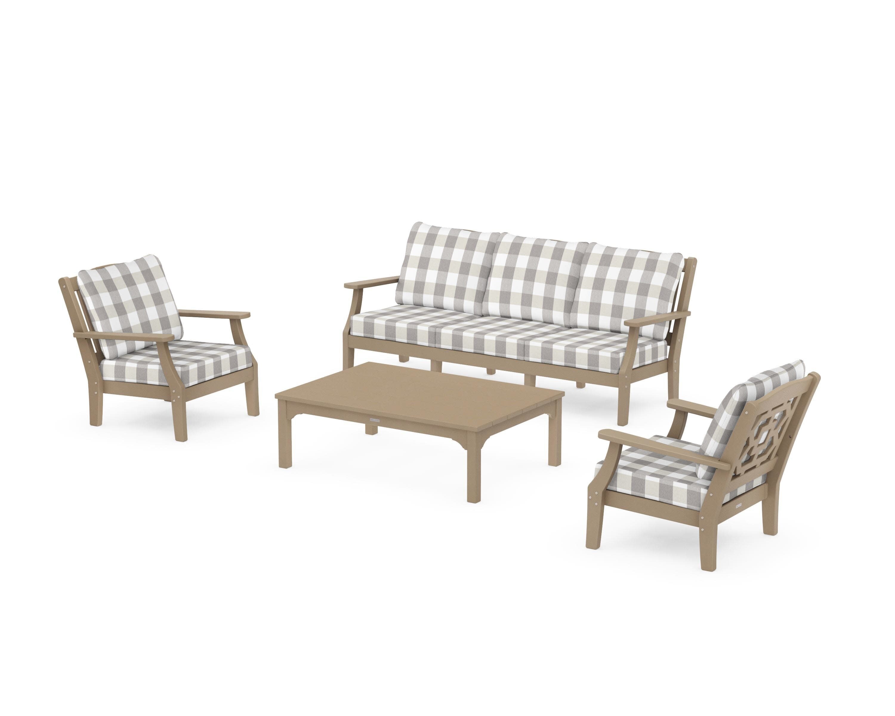 Chinoiserie 4-Piece Deep Seating Set with Sofa in Vintage Sahara / Buffalo Plaid Grey Mist
