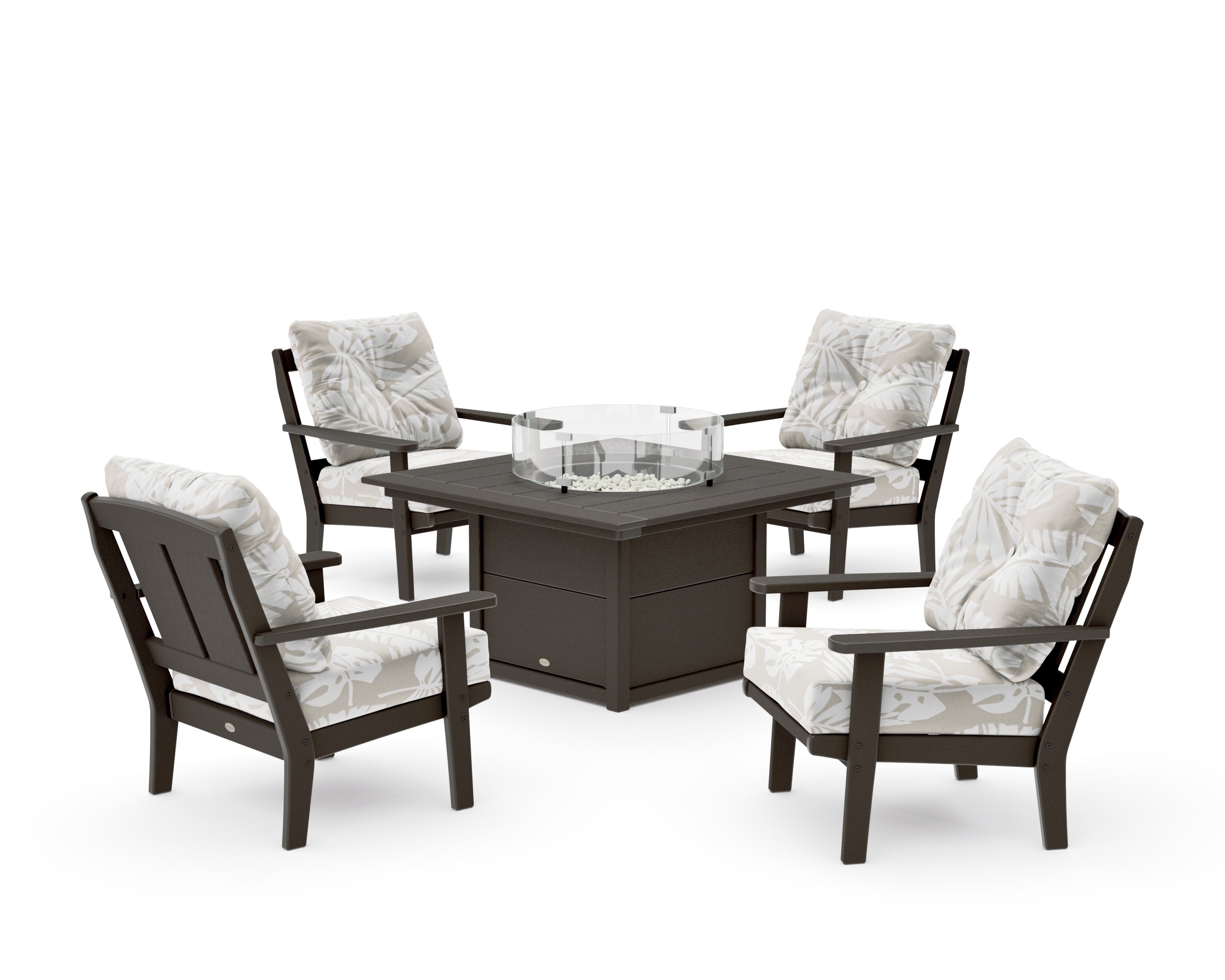 Mission 5-Piece Deep Seating Set with Fire Pit Table in Vintage Coffee / Leaf Dune Burlap