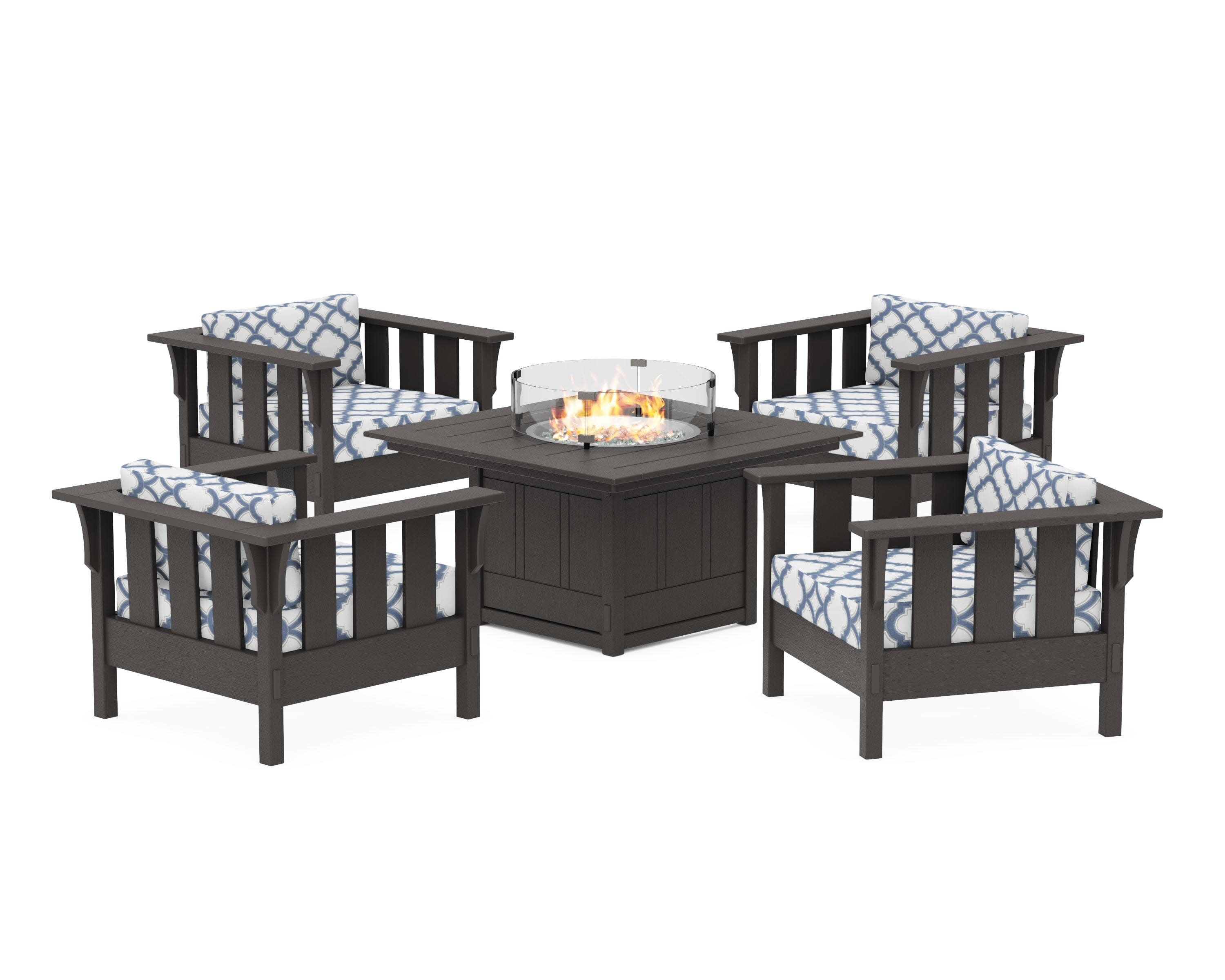 Acadia 5-Piece Deep Seating Set with Fire Pit Table in Vintage Coffee / Trellis Sky Blue