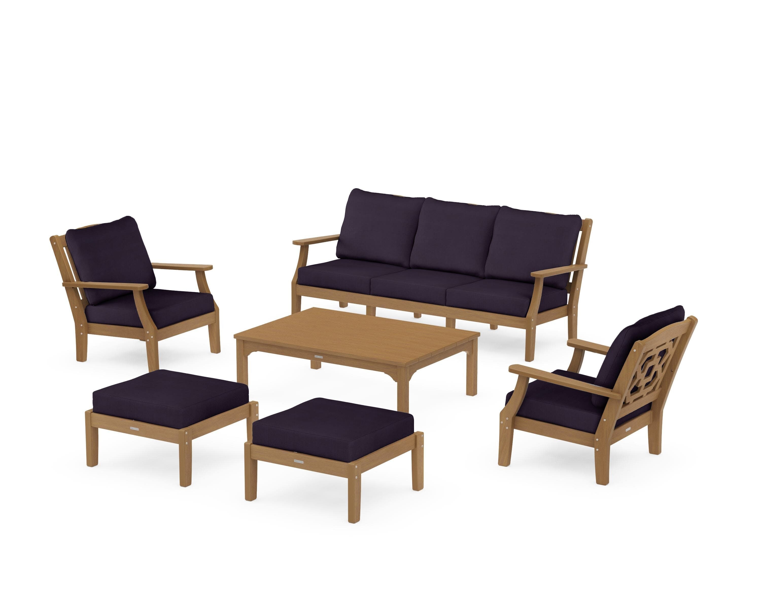 Chinoiserie 6-Piece Lounge Sofa Set in Natural / Navy Linen