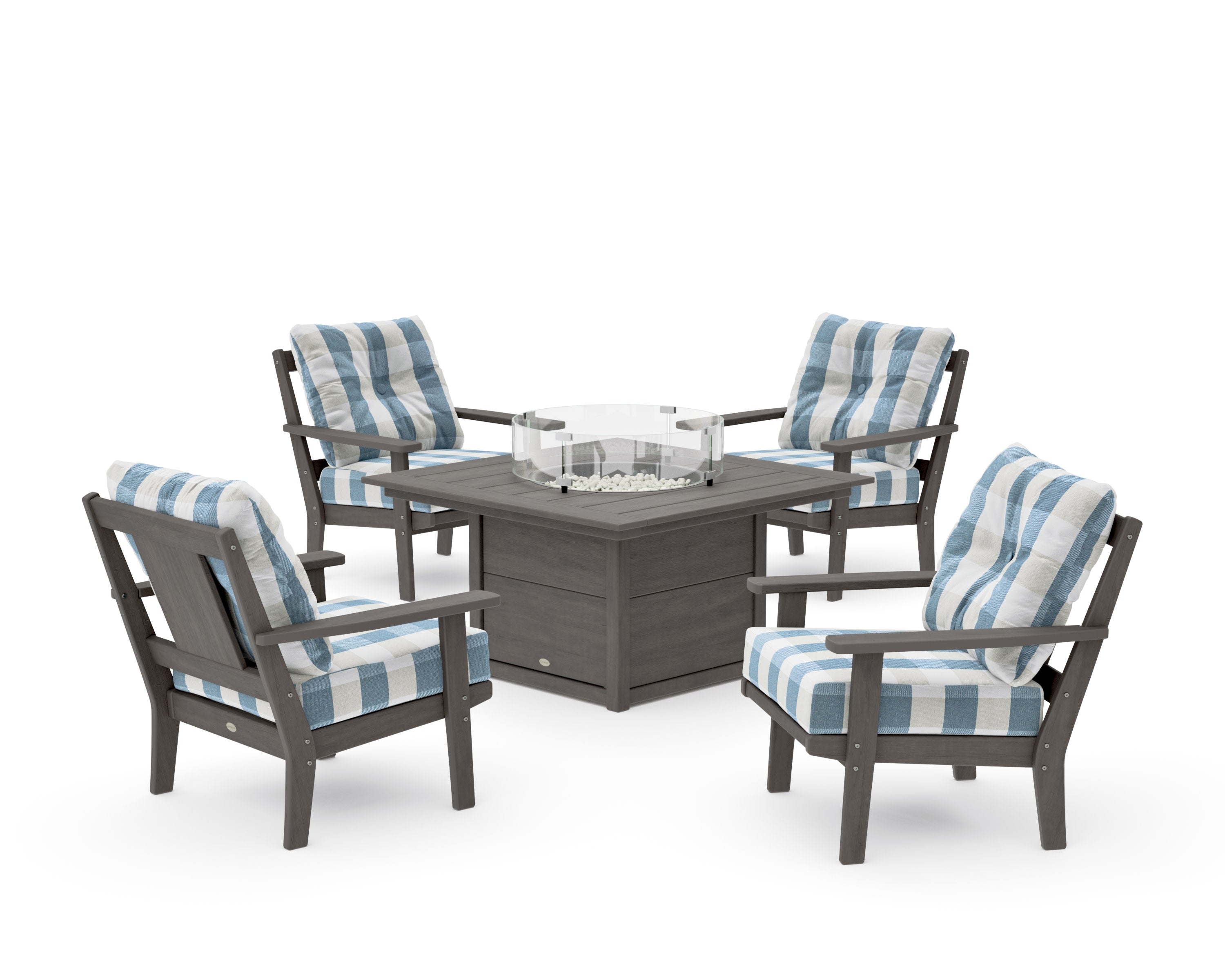 Prairie 5-Piece Deep Seating Set with Fire Pit Table in Driftwood / Buffalo Plaid Sky Blue