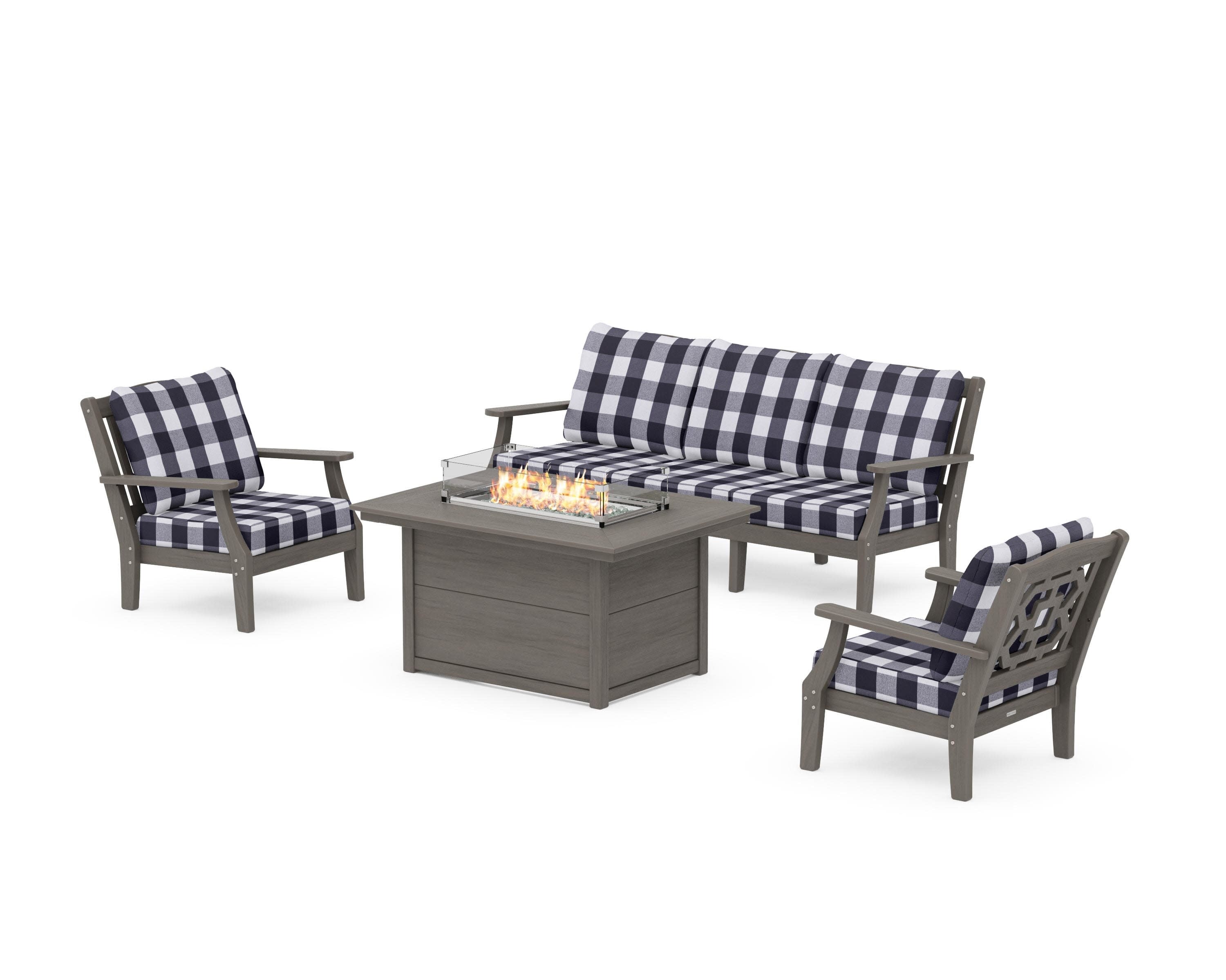 Chinoiserie Deep Seating Fire Pit Table Set in Driftwood / Buffalo Plaid Navy
