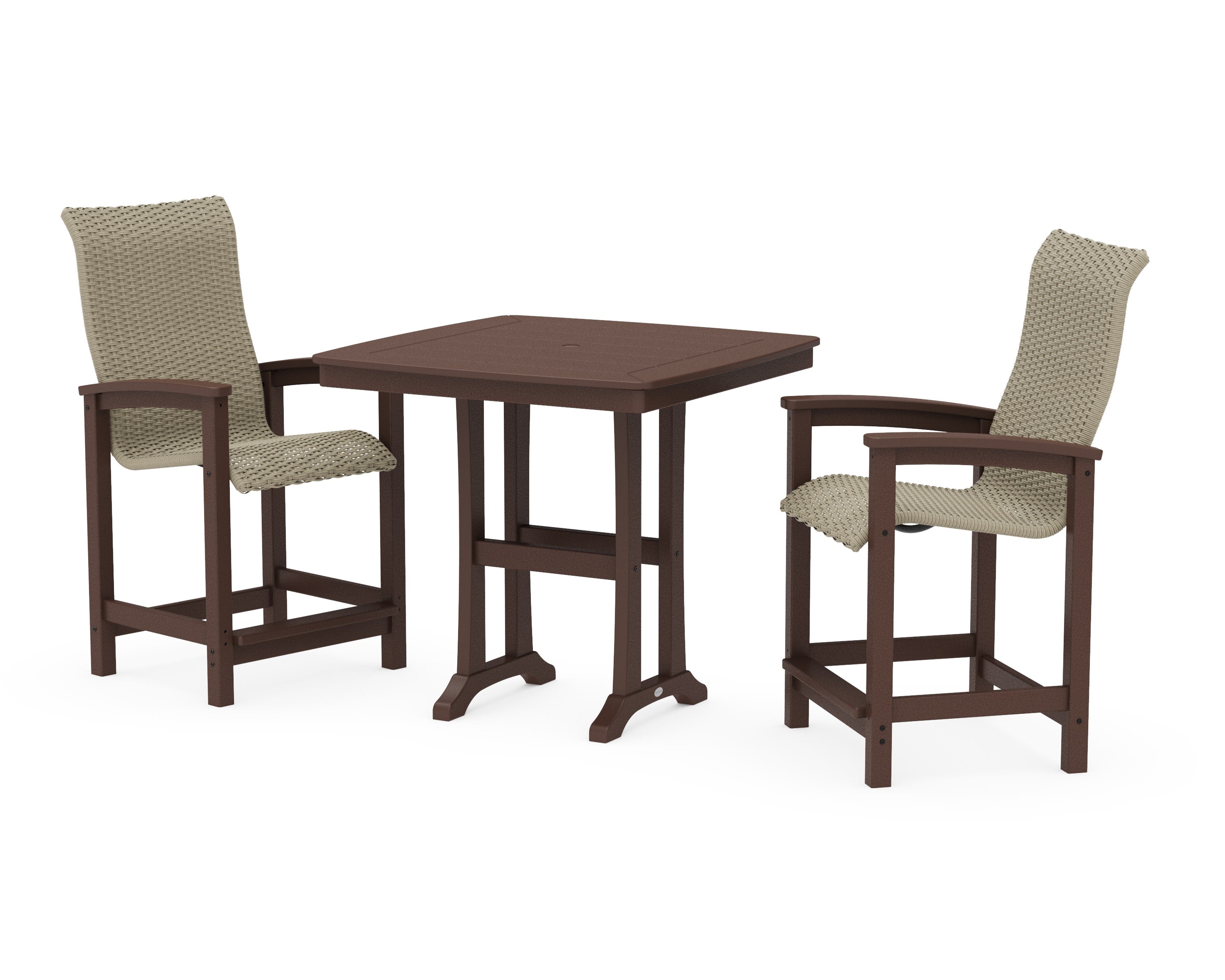 Coastal Woven High-Back 3-Piece Counter Set with Trestle Legs in Mahogany / Dune Grass