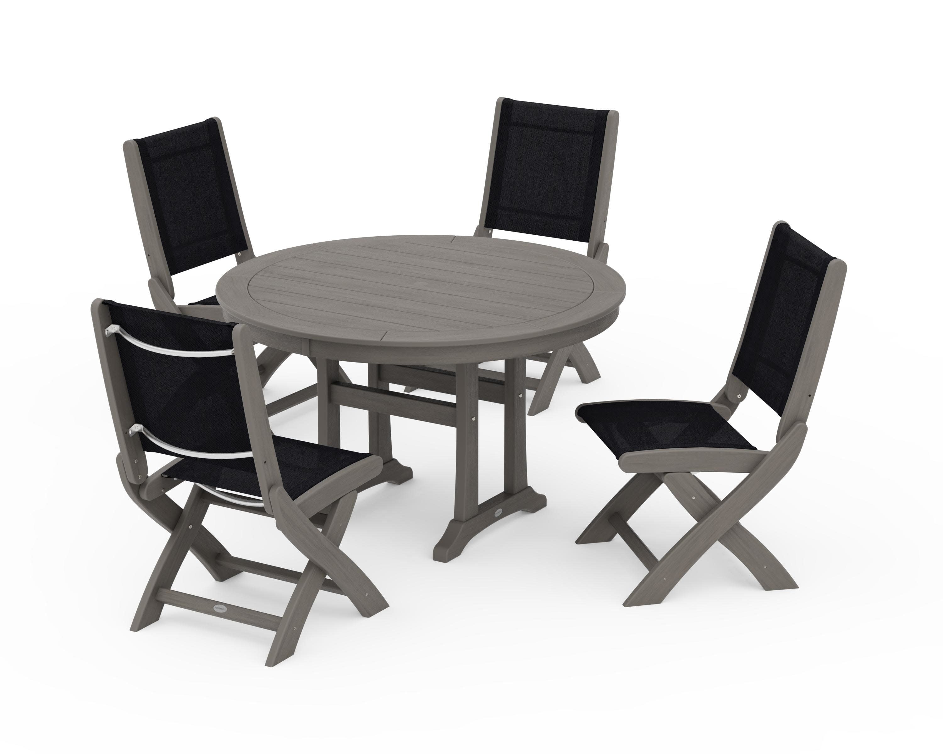 Coastal Folding Side Chair 5-Piece Round Dining Set With Trestle Legs in Driftwood / Black Sling