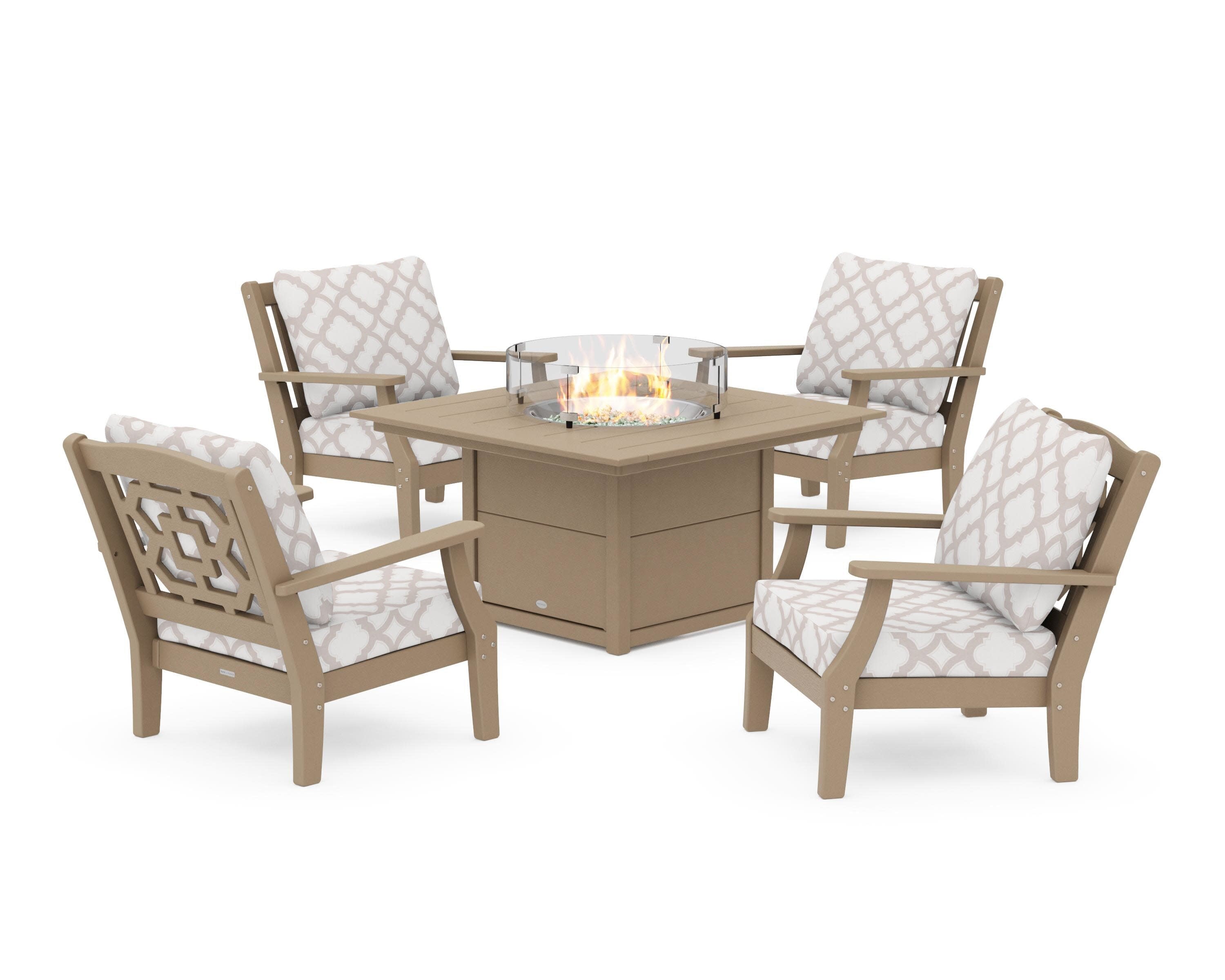 Chinoiserie 5-Piece Deep Seating Set with Fire Pit Table in Vintage Sahara / Trellis Dune Burlap