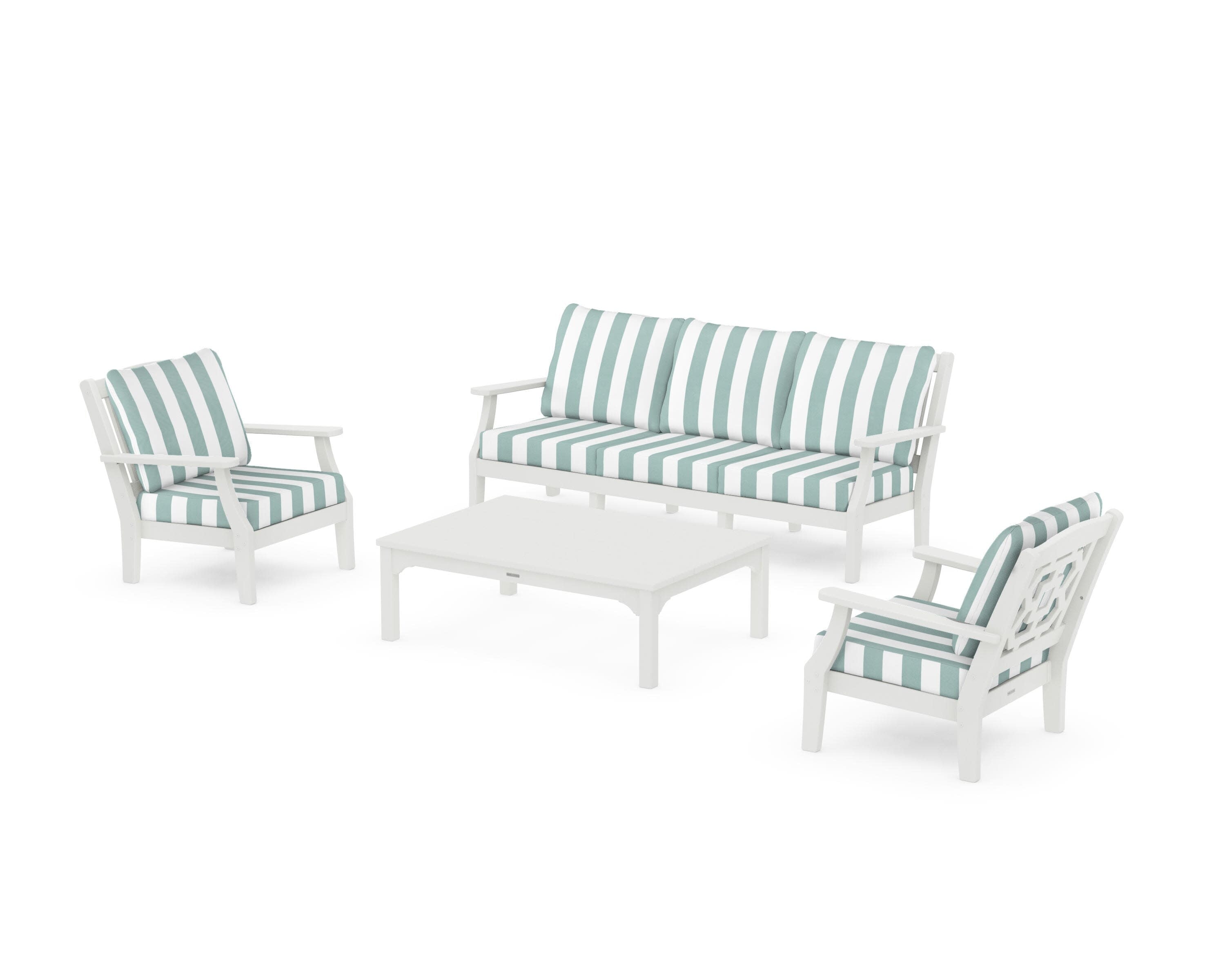 Chinoiserie 4-Piece Deep Seating Set with Sofa in Vintage White / Cabana Stripe Glacier Spa