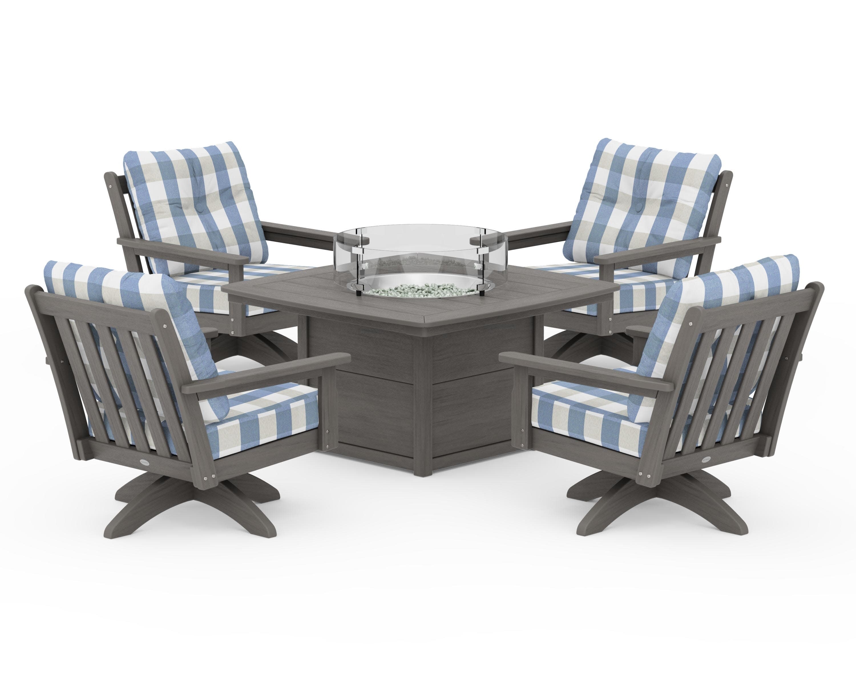 Vineyard 5-Piece Deep Seating Swivel Conversation Set with Fire Pit Table in Driftwood / Buffalo Plaid Sky Blue
