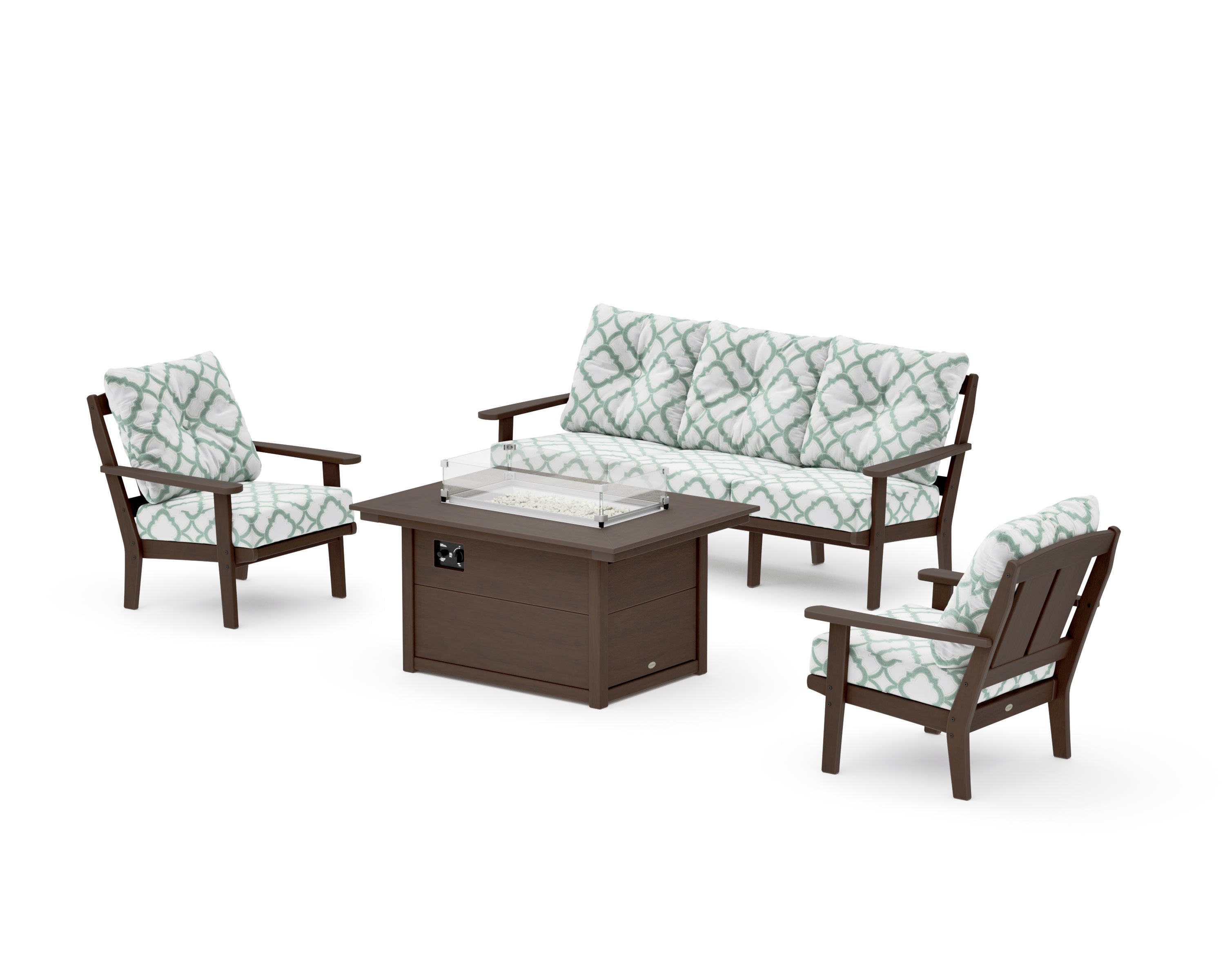 Mission Deep Seating Fire Pit Table Set in Kona / Trellis Glacier Spa