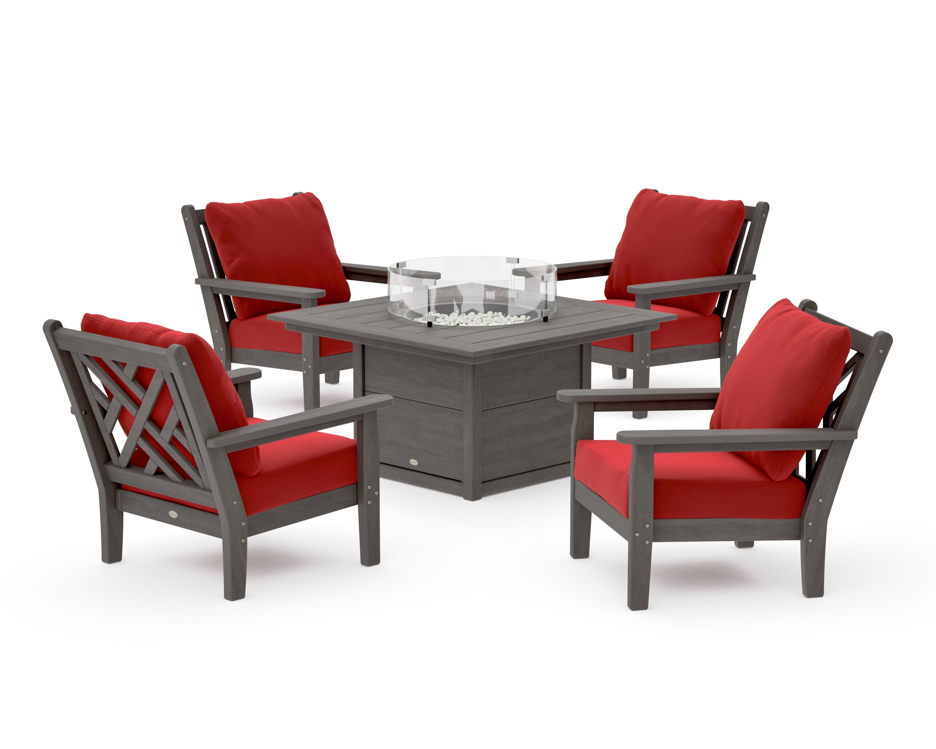 Chippendale 5-Piece Deep Seating Set with Fire Pit Table in Driftwood / Crimson Linen