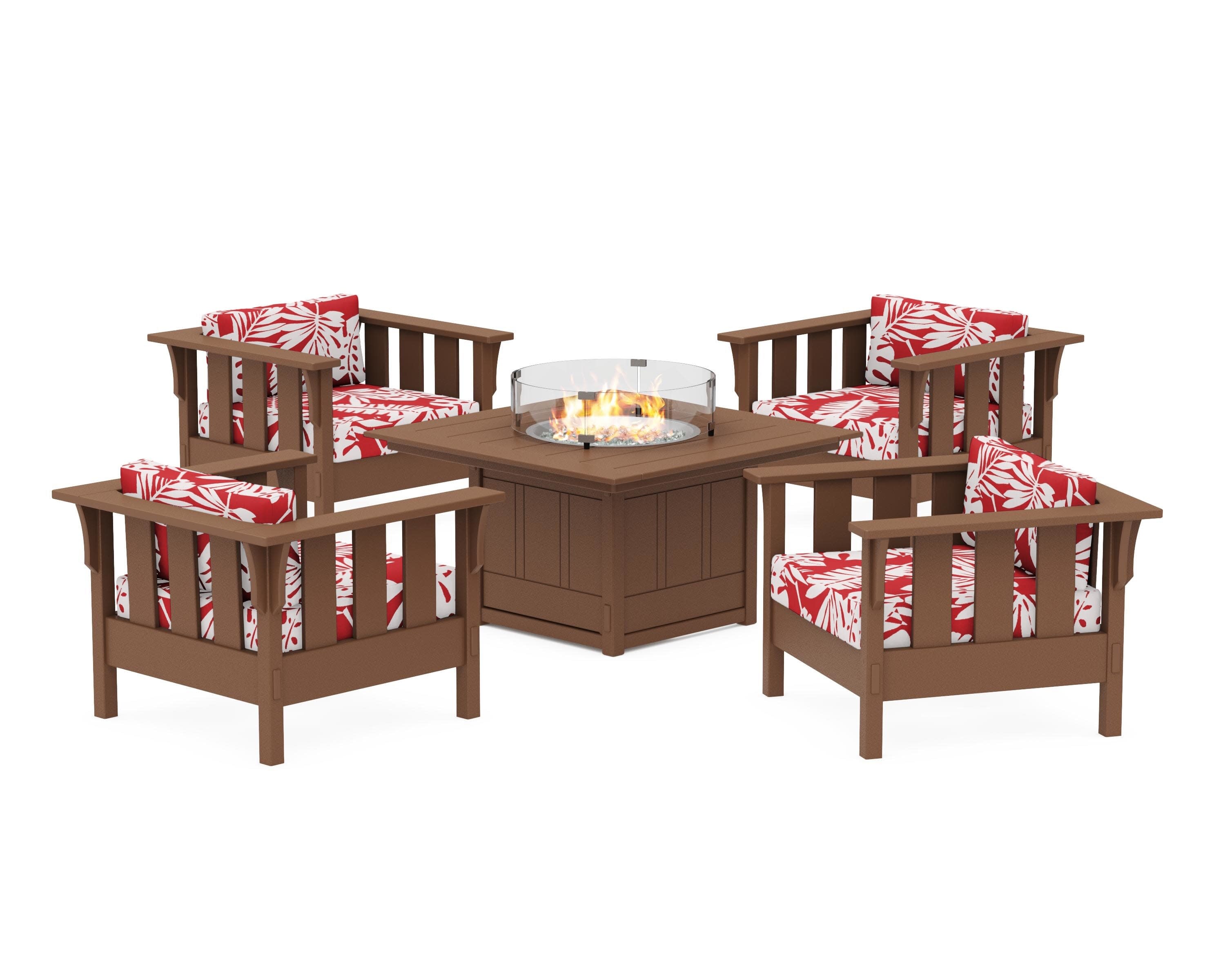 Acadia 5-Piece Deep Seating Set with Fire Pit Table in Teak / Leaf Crimson