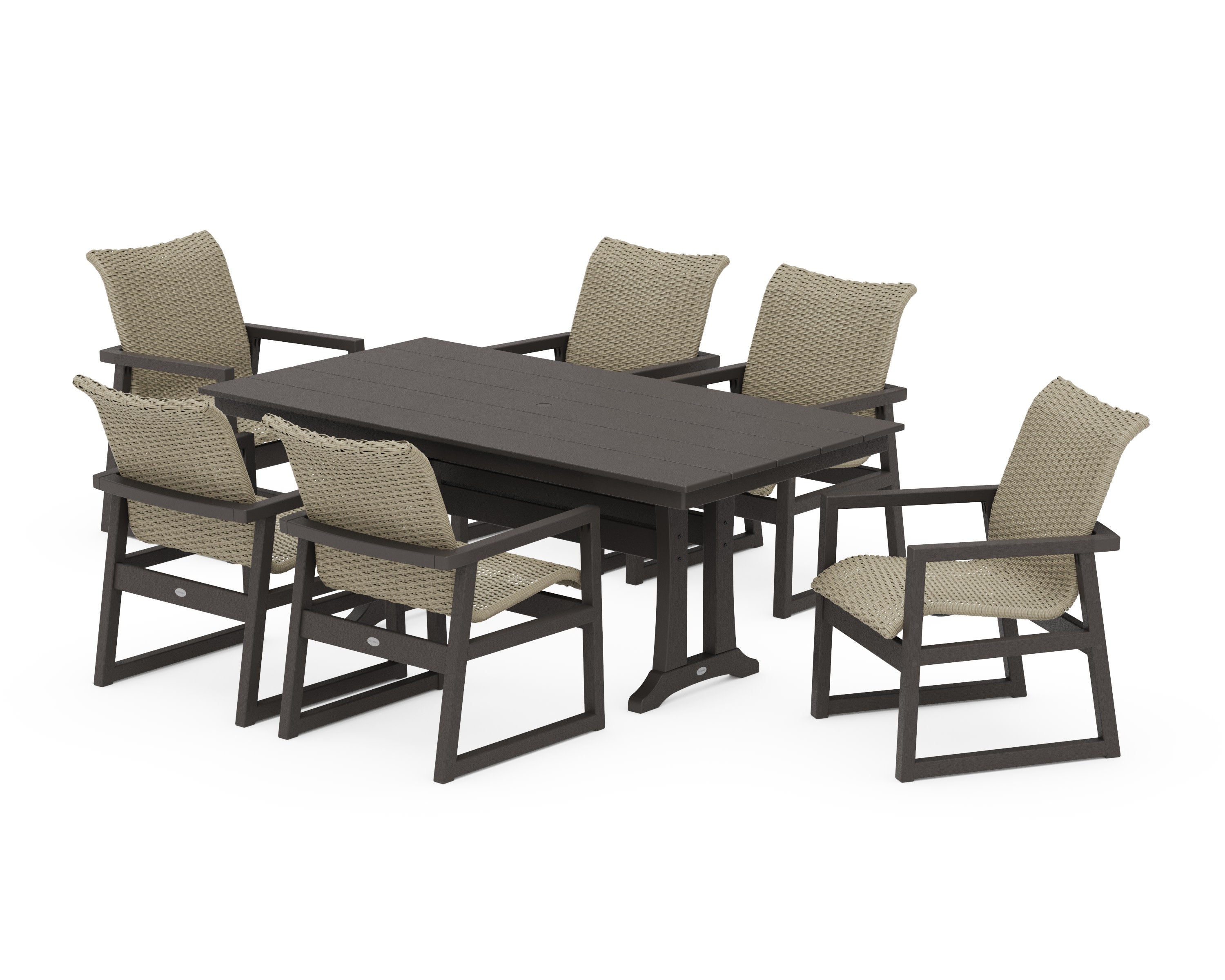 EDGE Woven Arm Chair 7-Piece Farmhouse Dining Set with Trestle Legs in Vintage Coffee / Dune Grass