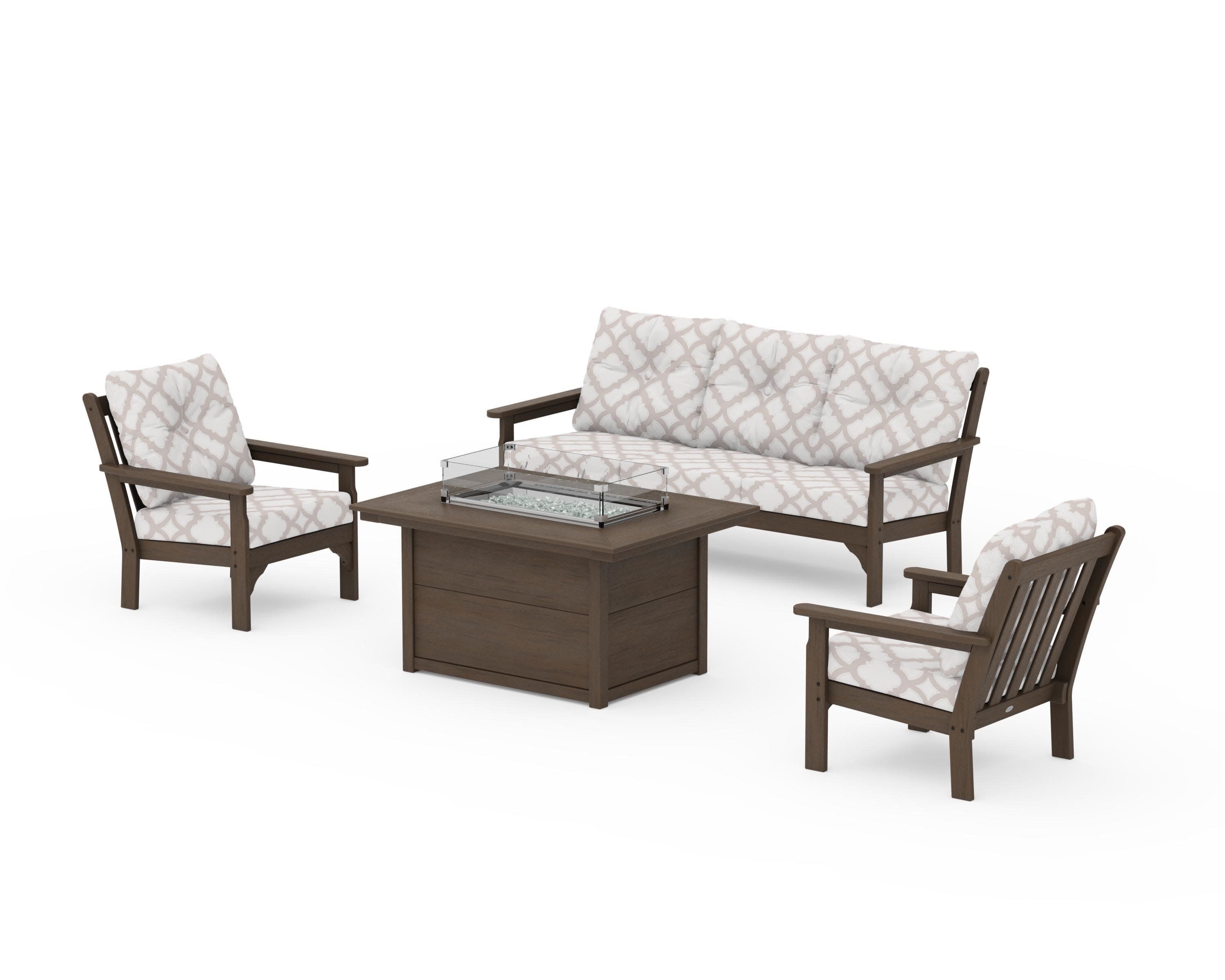 Vineyard Deep Seating Fire Pit Table Set in Kona / Trellis Dune Burlap