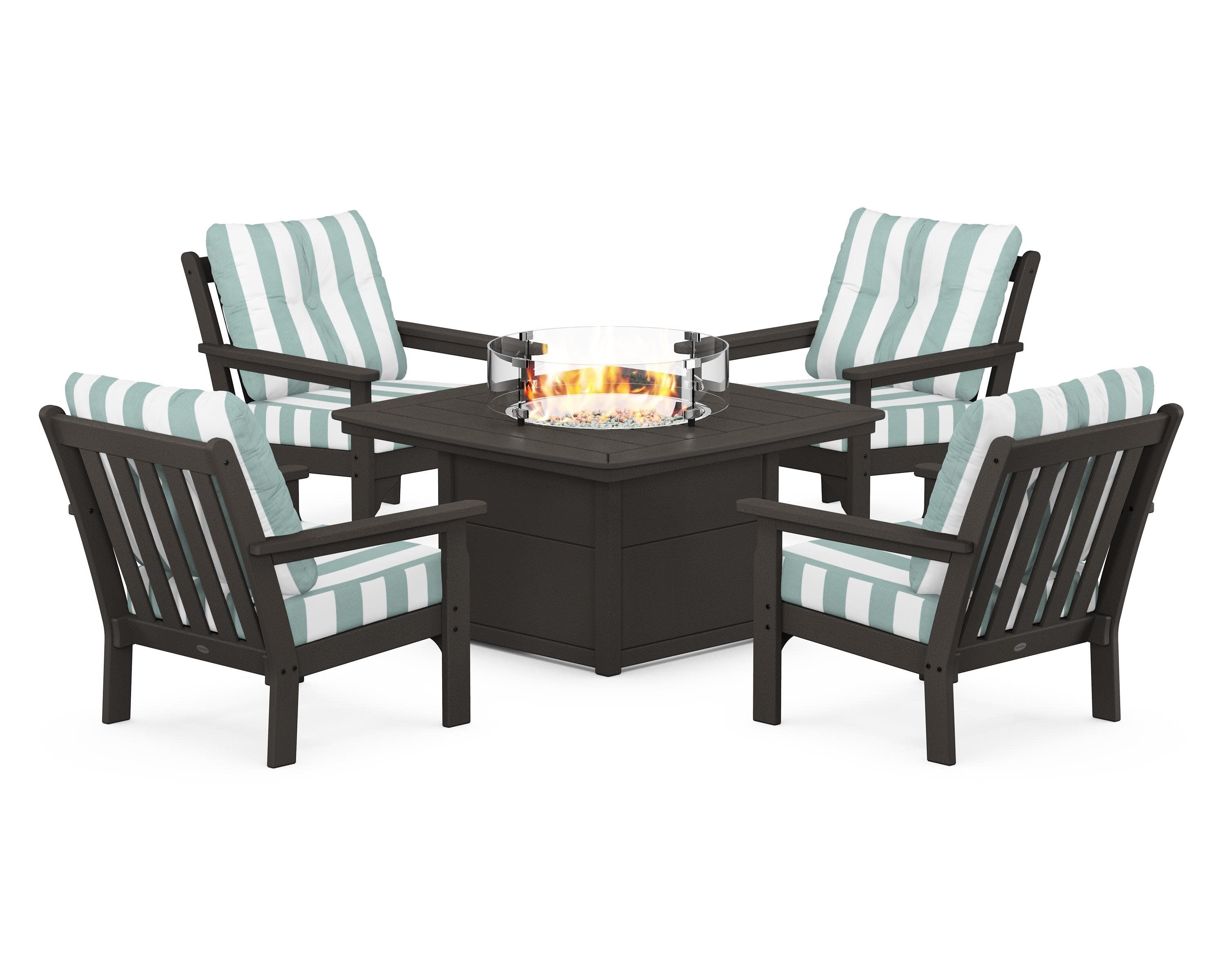 Vineyard 5-Piece Conversation Set with Fire Pit Table in Vintage Coffee / Cabana Stripe Glacier Spa