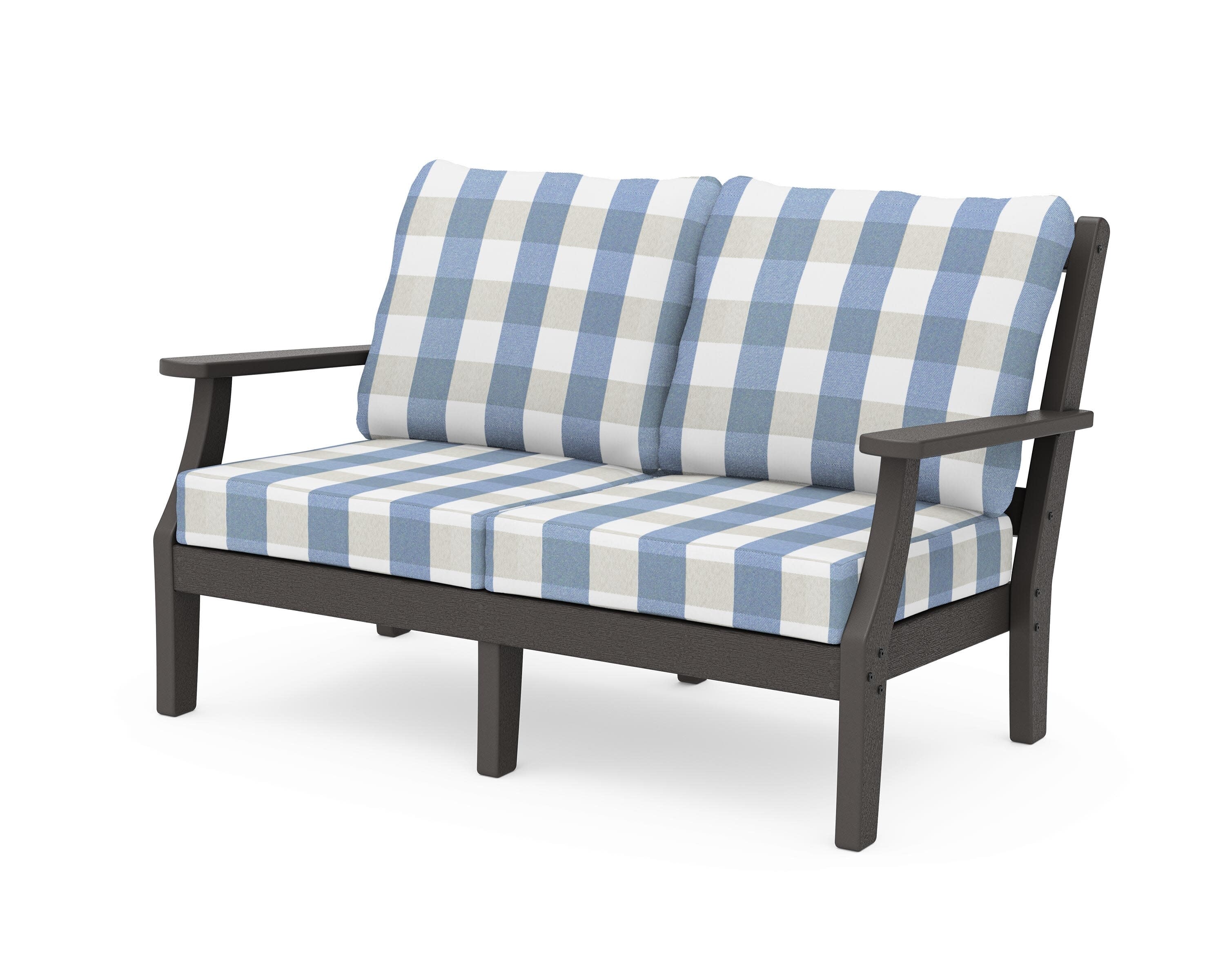 Chinoiserie Deep Seating Loveseat in Vintage Coffee / Buffalo Plaid Sky Blue