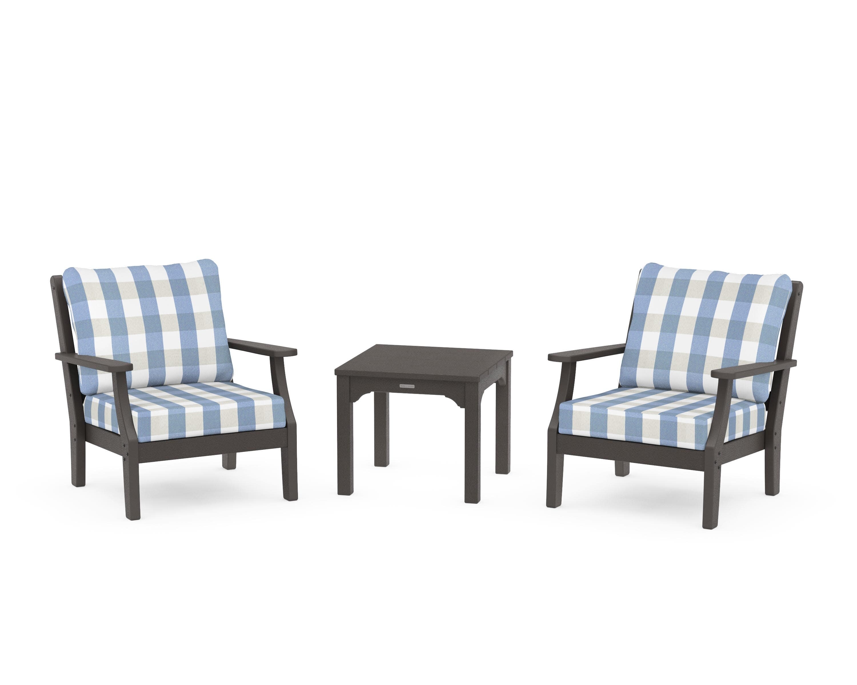 Chinoiserie 3-Piece Deep Seating Set in Vintage Coffee / Buffalo Plaid Sky Blue