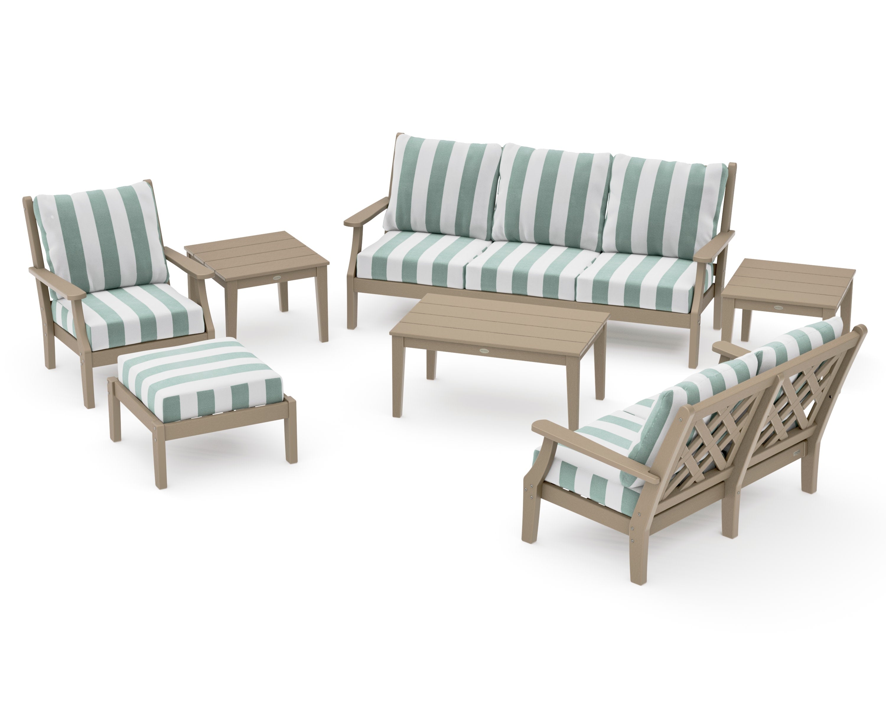 Wovendale 7-Piece Deep Seating Set in Vintage Sahara / Cabana Stripe Glacier Spa