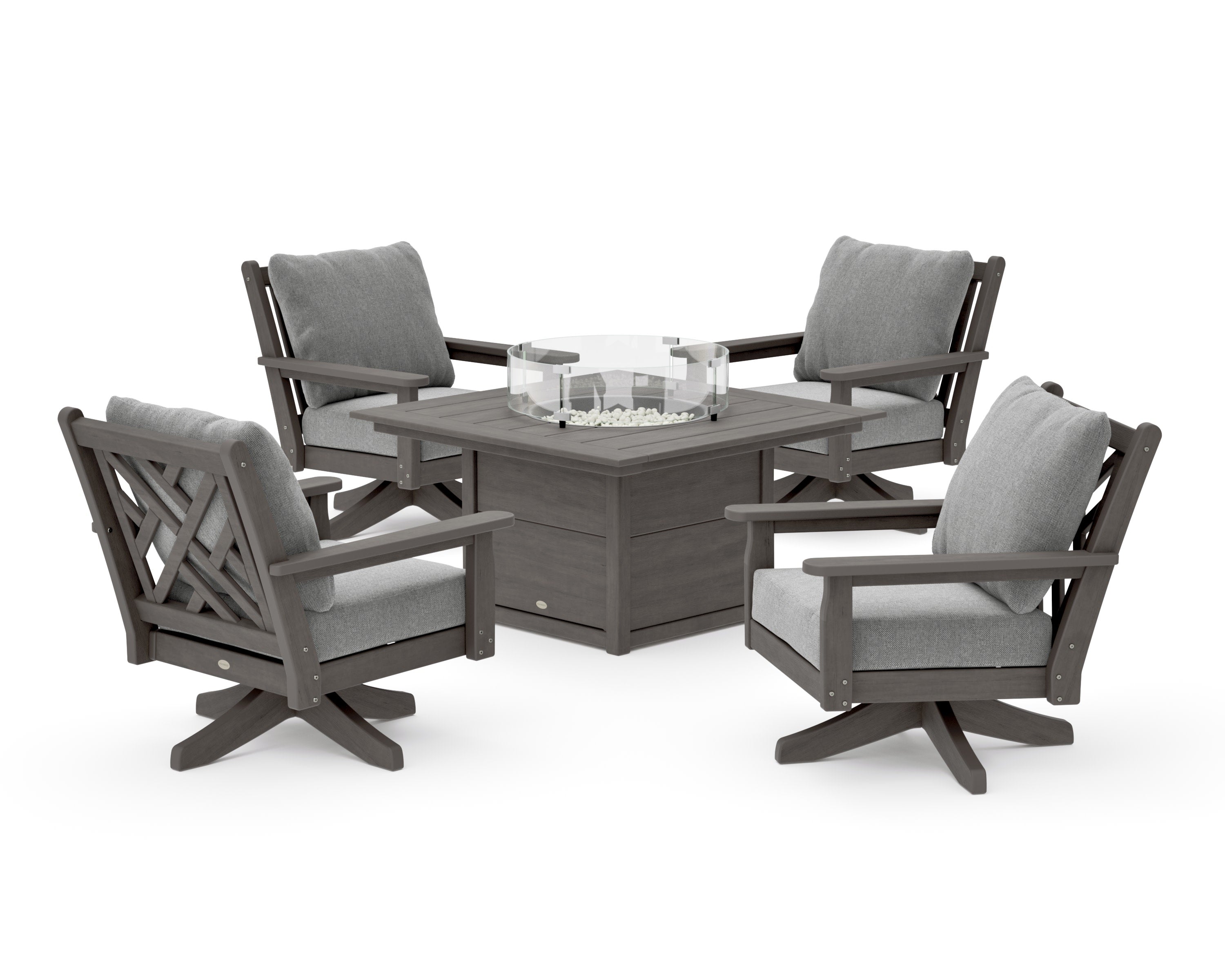Chippendale 5-Piece Deep Seating Swivel Conversation Set with Fire Pit Table in Driftwood / Grey Mist