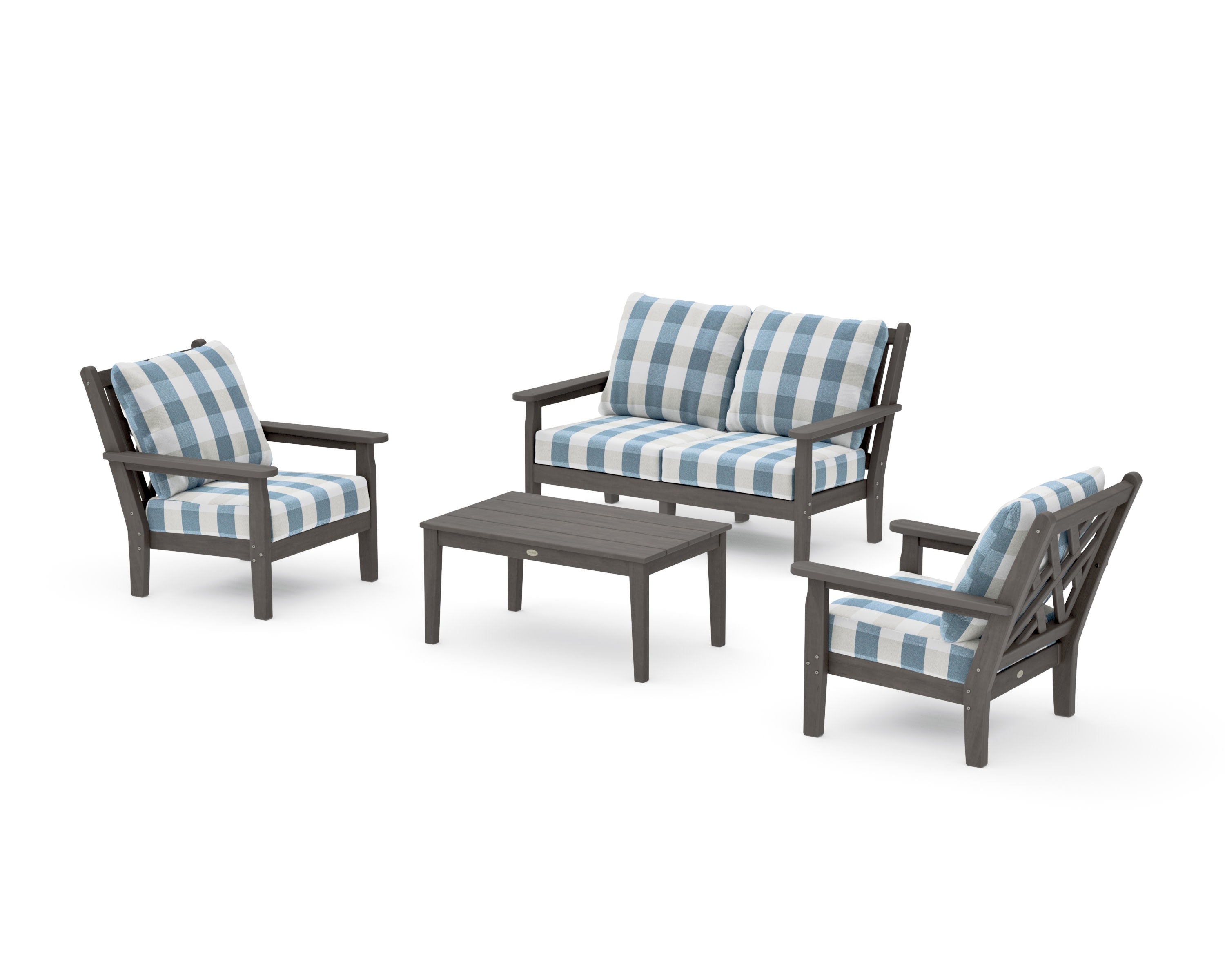 Chippendale 4-Piece Deep Seating Set with Loveseat in Driftwood / Buffalo Plaid Sky Blue
