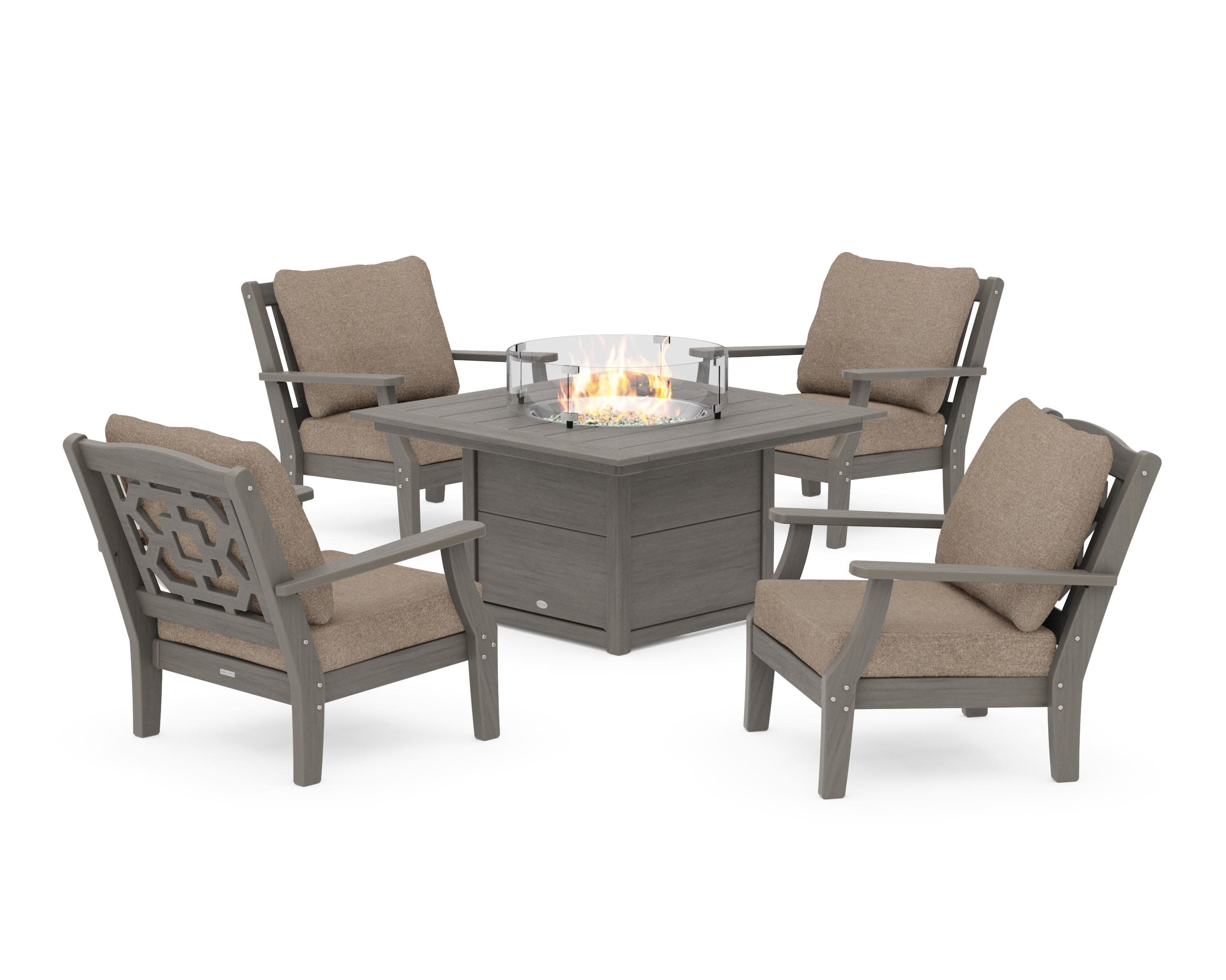 Chinoiserie 5-Piece Deep Seating Set with Fire Pit Table in Driftwood / Spiced Burlap