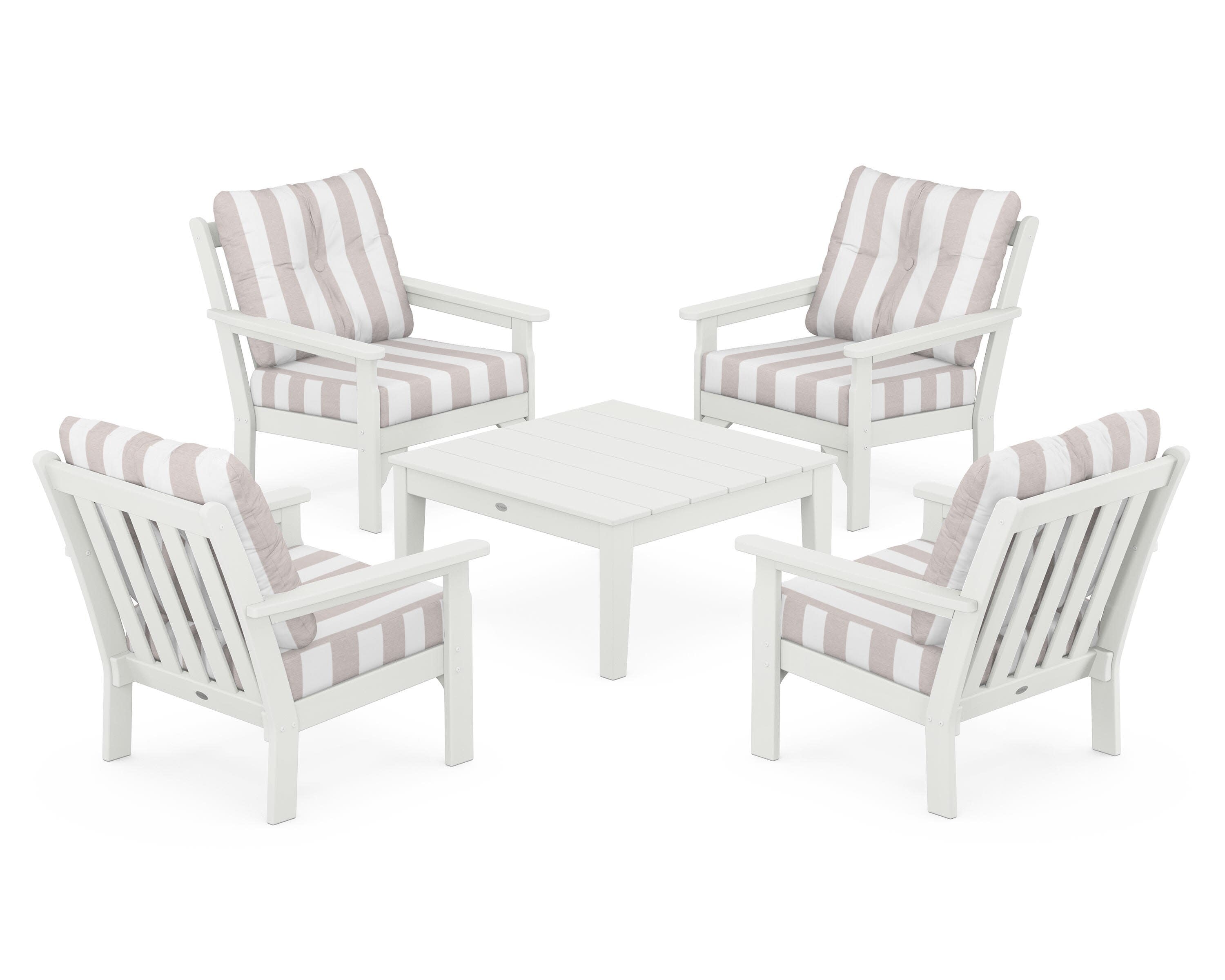 Vineyard 5-Piece Deep Seating Conversation Set in Vintage White / Cabana Stripe Dune Burlap