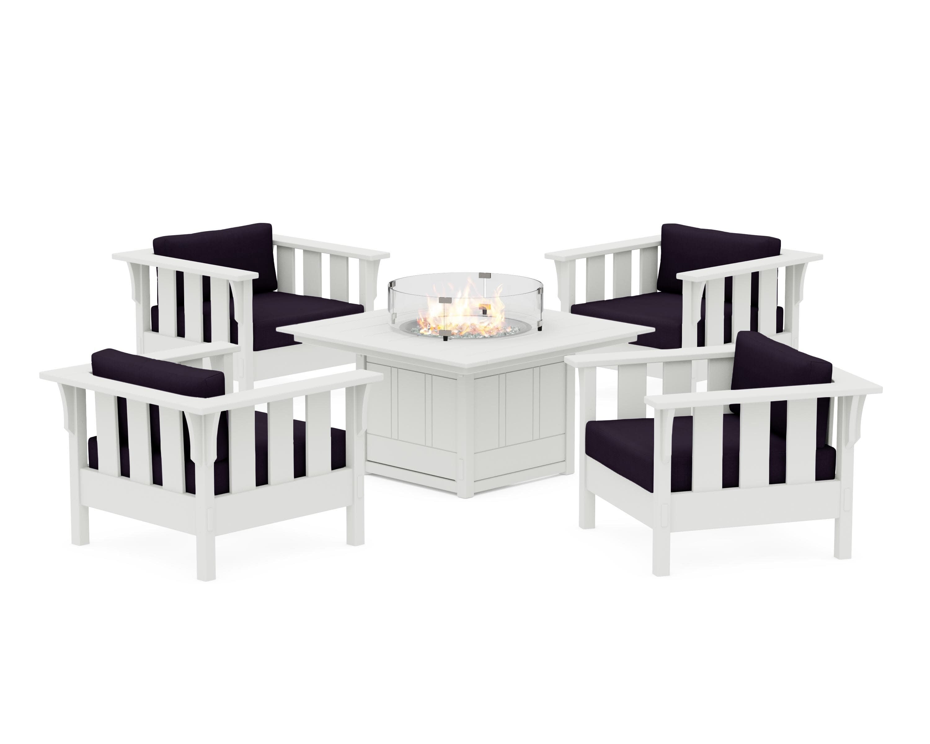 Acadia 5-Piece Deep Seating Set with Fire Pit Table in White / Navy Linen