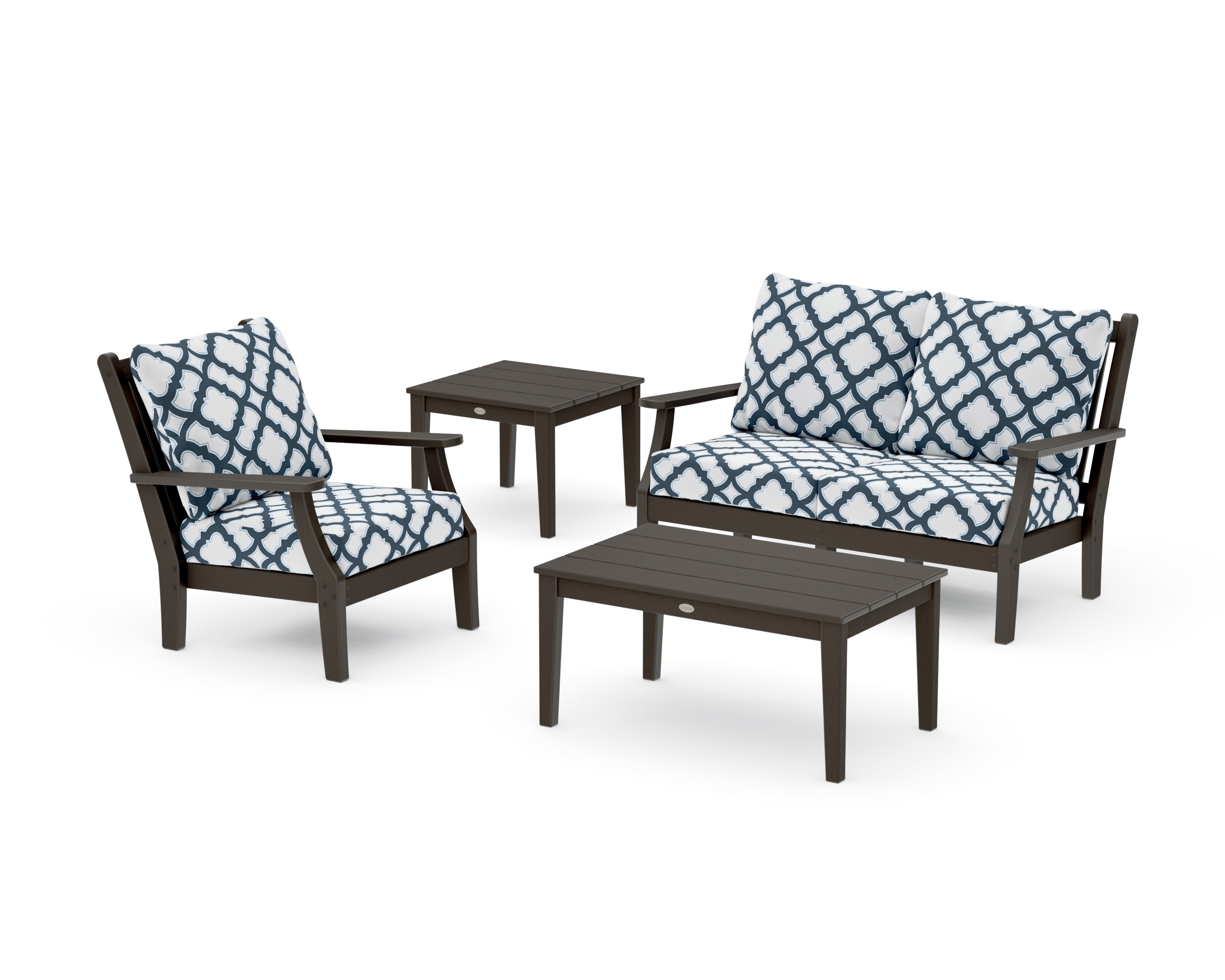 Wovendale 4-Piece Deep Seating Set in Vintage Coffee / Trellis Marine Indigo
