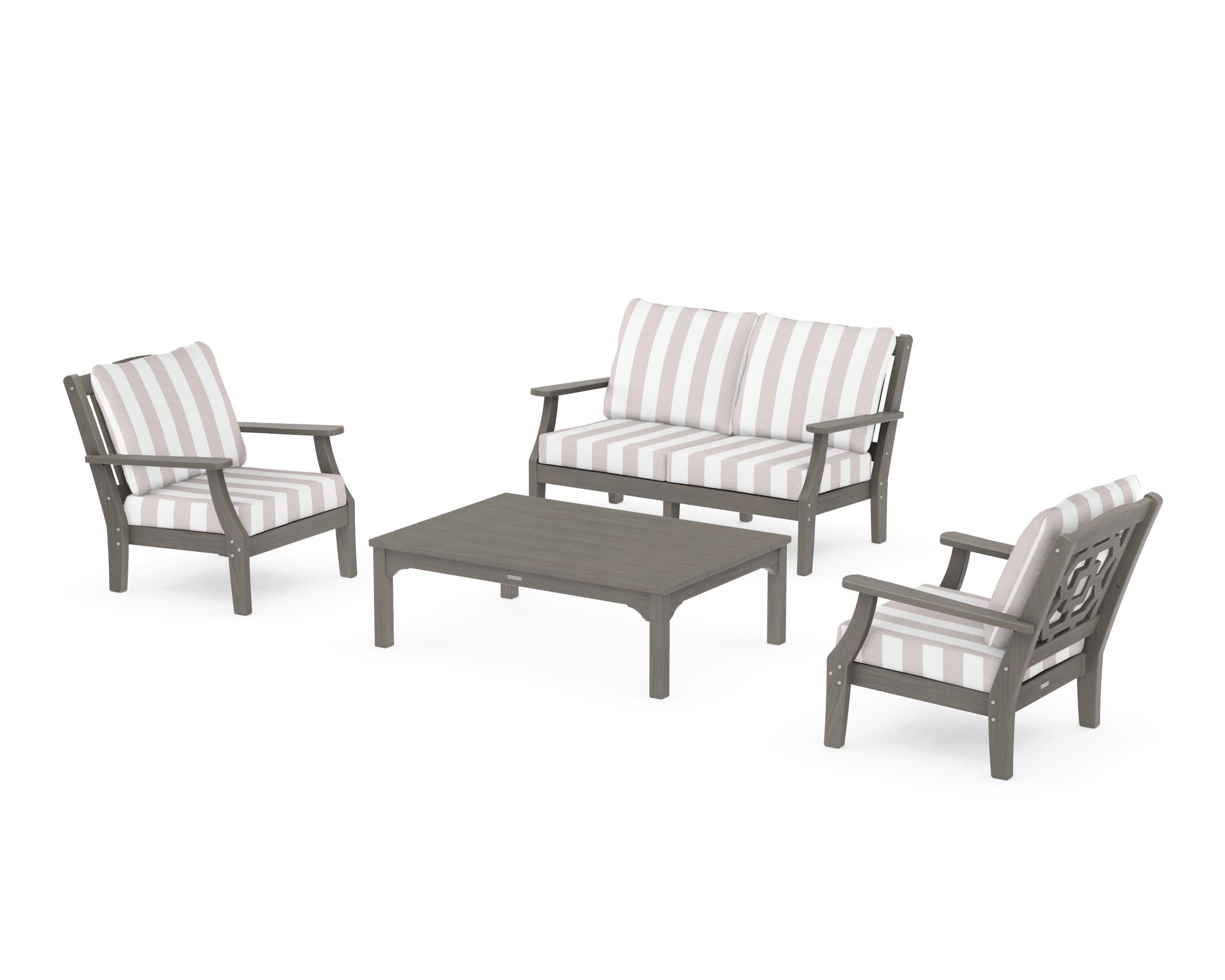 Chinoiserie 4-Piece Deep Seating Set with Loveseat in Driftwood / Cabana Stripe Dune Burlap