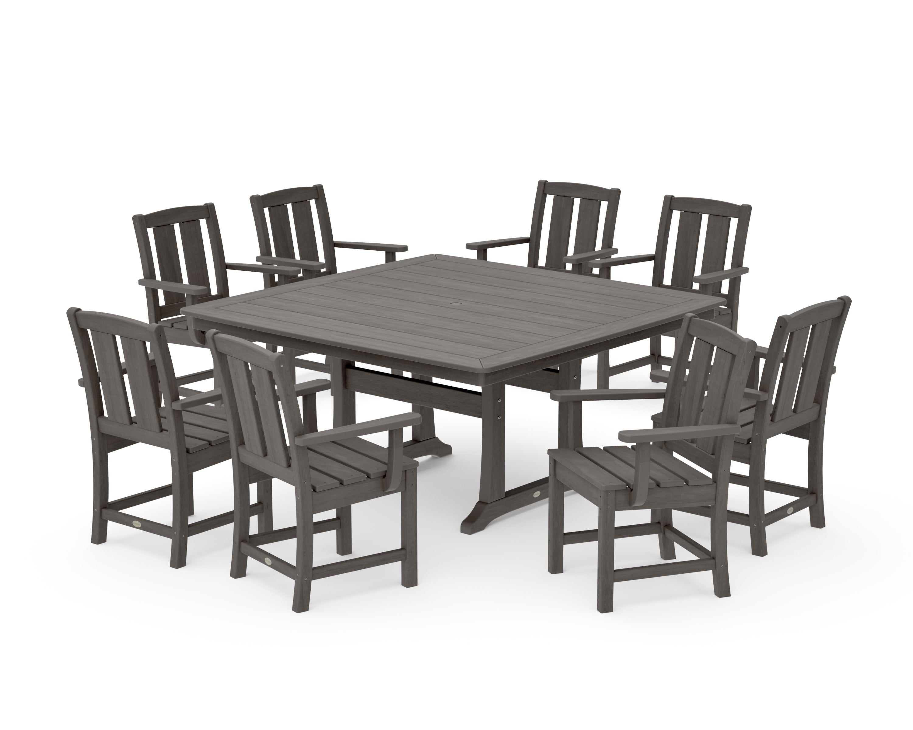 Mission 9-Piece Square Dining Set with Trestle Legs in Driftwood