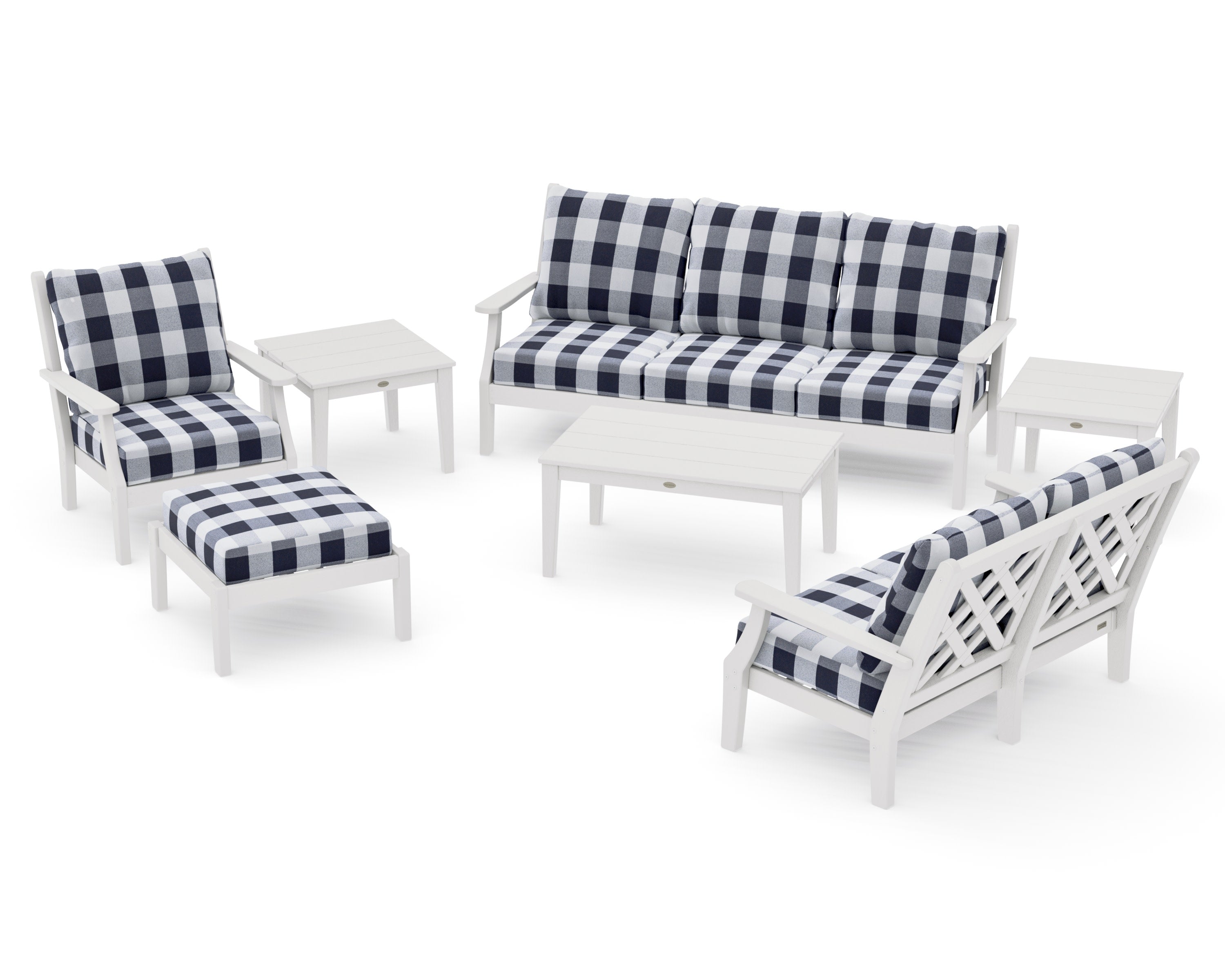 Wovendale 7-Piece Deep Seating Set in Vintage White / Buffalo Plaid Navy