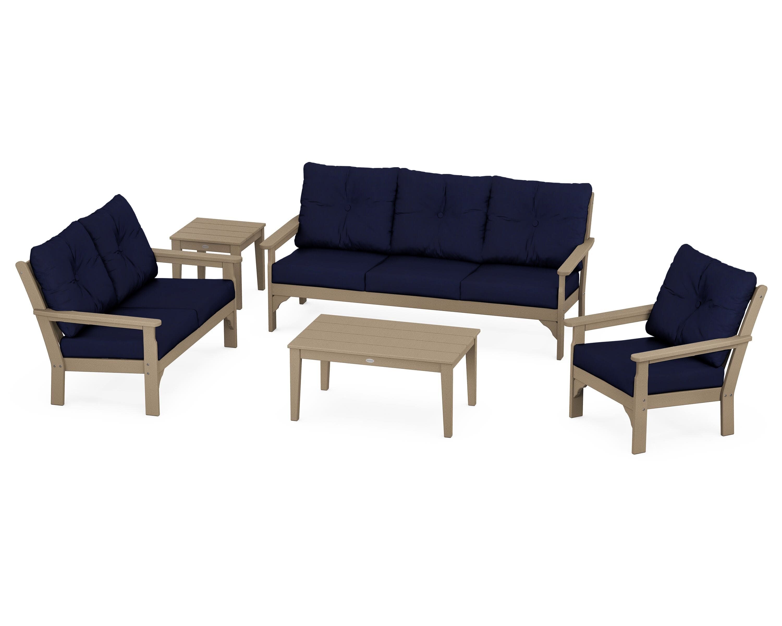 Vineyard 5 Piece Deep Seating Set in Vintage Sahara / Navy
