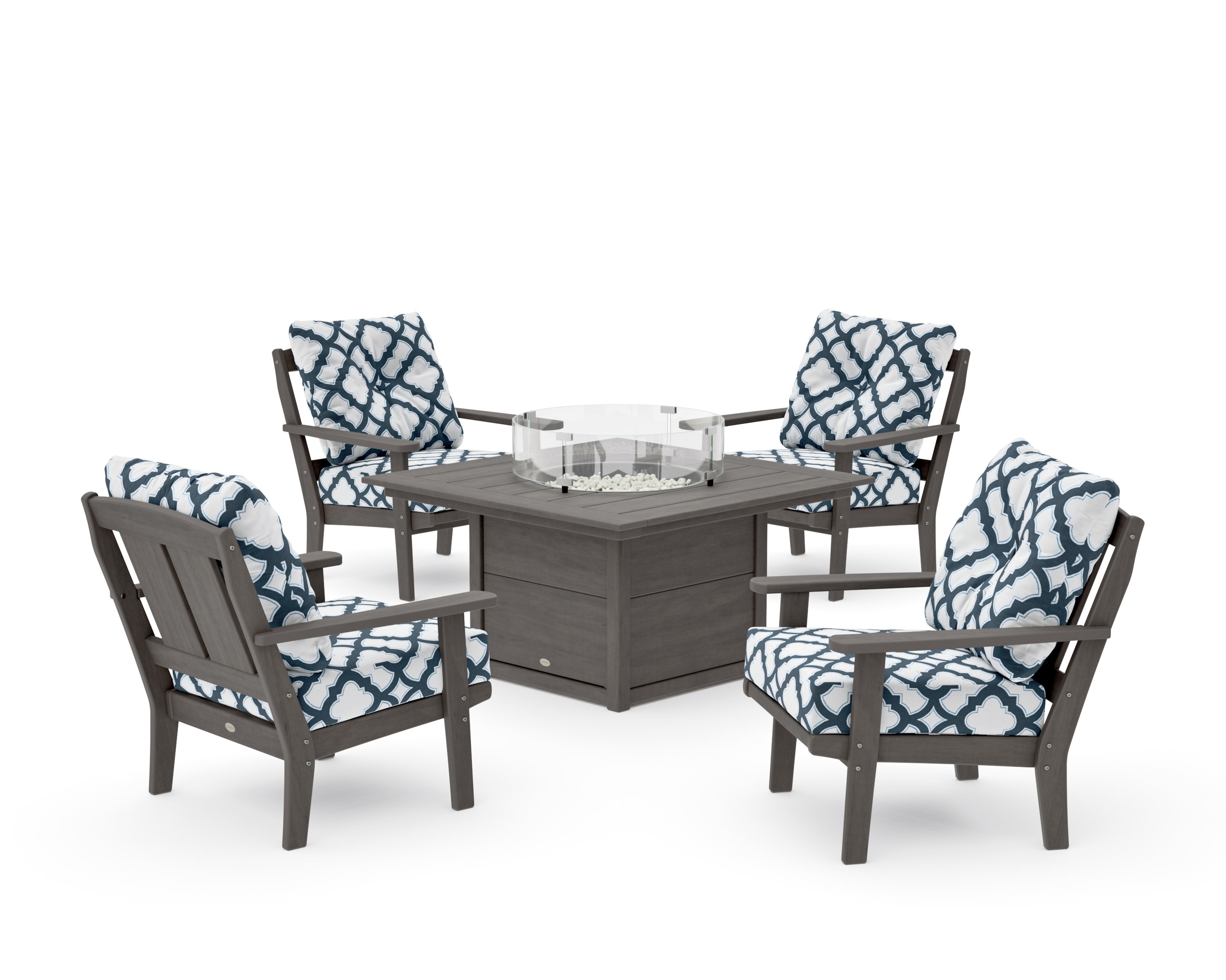 Mission 5-Piece Deep Seating Set with Fire Pit Table in Driftwood / Trellis Marine Indigo