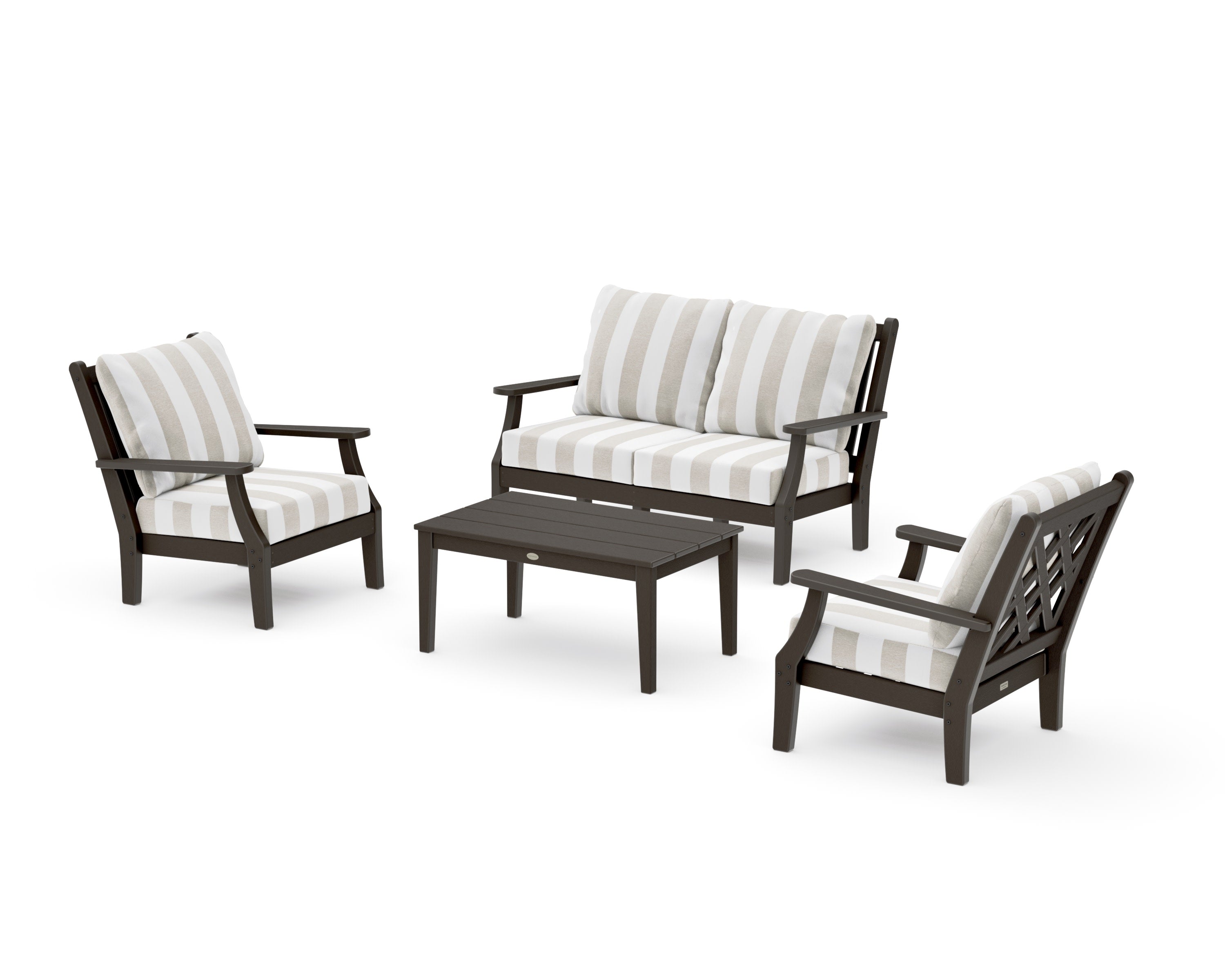Wovendale 4-Piece Deep Seating Set with Loveseat in Vintage Coffee / Cabana Stripe Dune Burlap