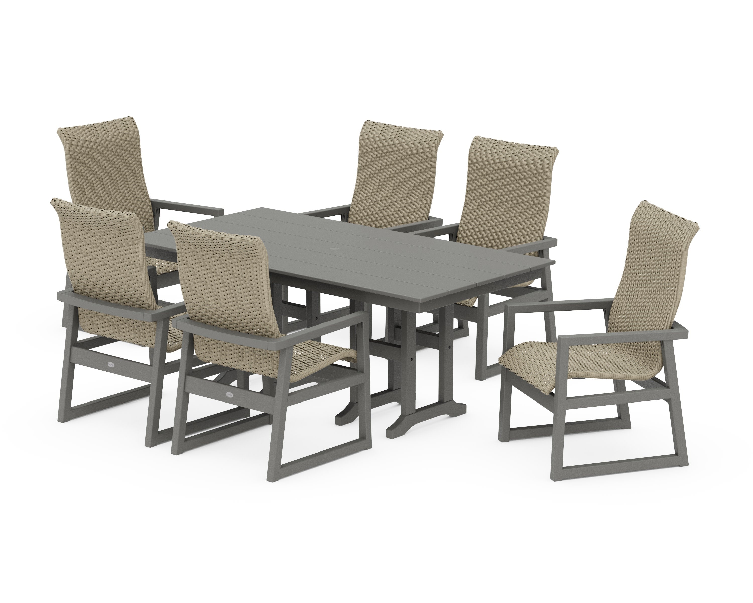 EDGE Woven Highback Arm Chair 7-Piece Farmhouse Dining Set in Slate Grey / Dune Grass