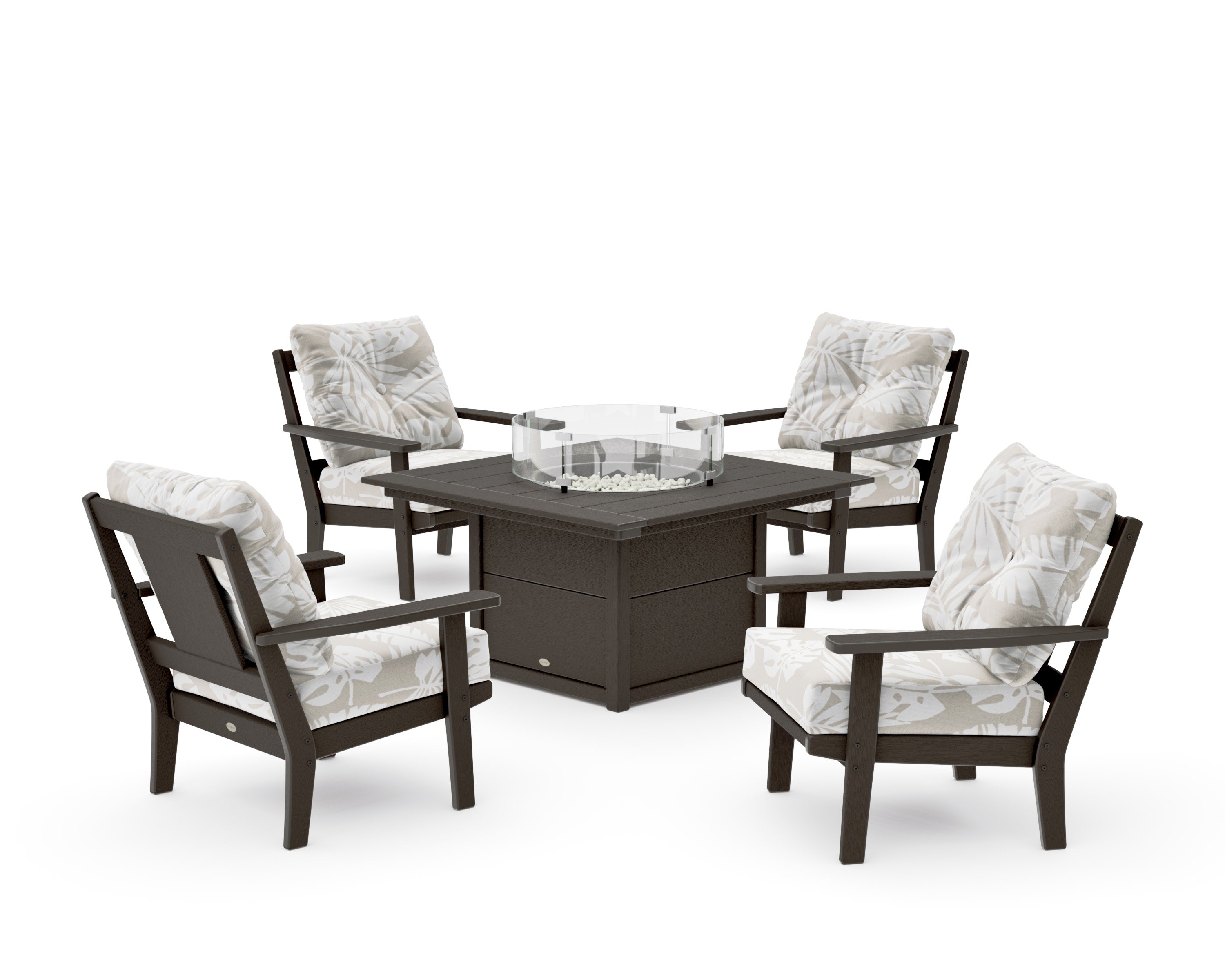 Prairie 5-Piece Deep Seating Set with Fire Pit Table in Vintage Coffee / Leaf Dune Burlap
