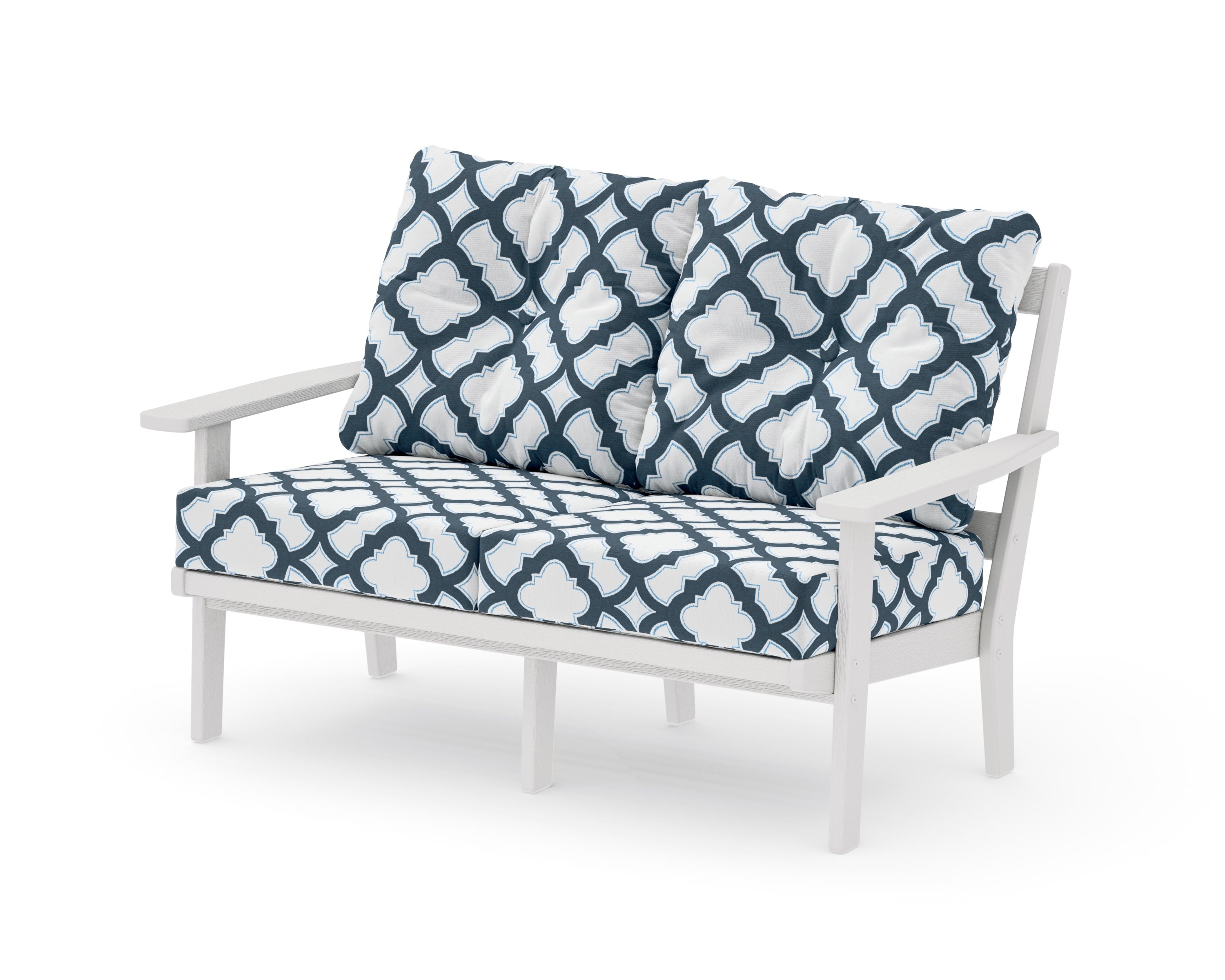 Prairie Deep SeatingLoveseat in Vintage White / Trellis Marine Indigo