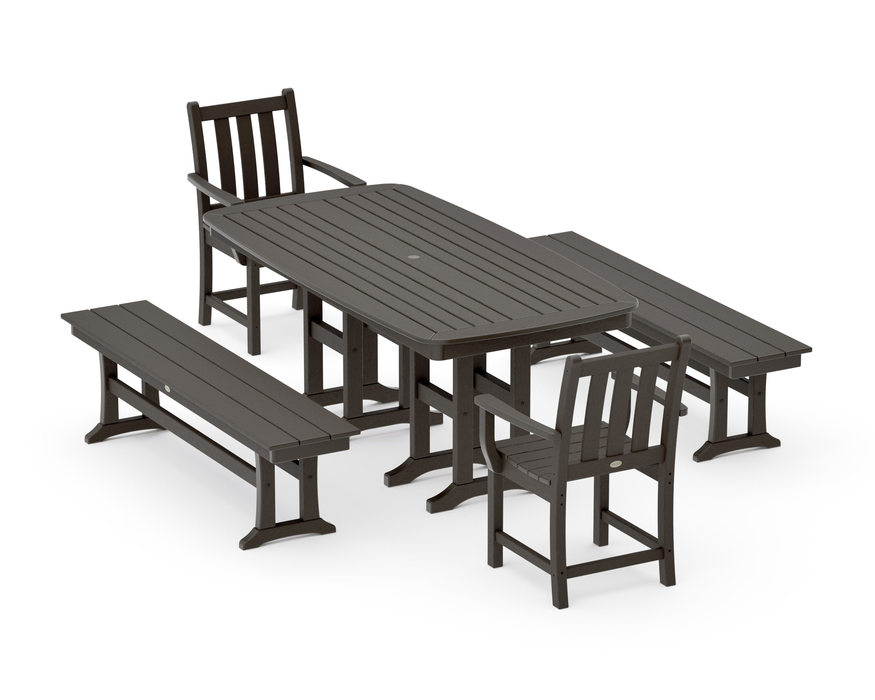Traditional Garden 5-Piece Dining Set with Benches in Vintage Coffee