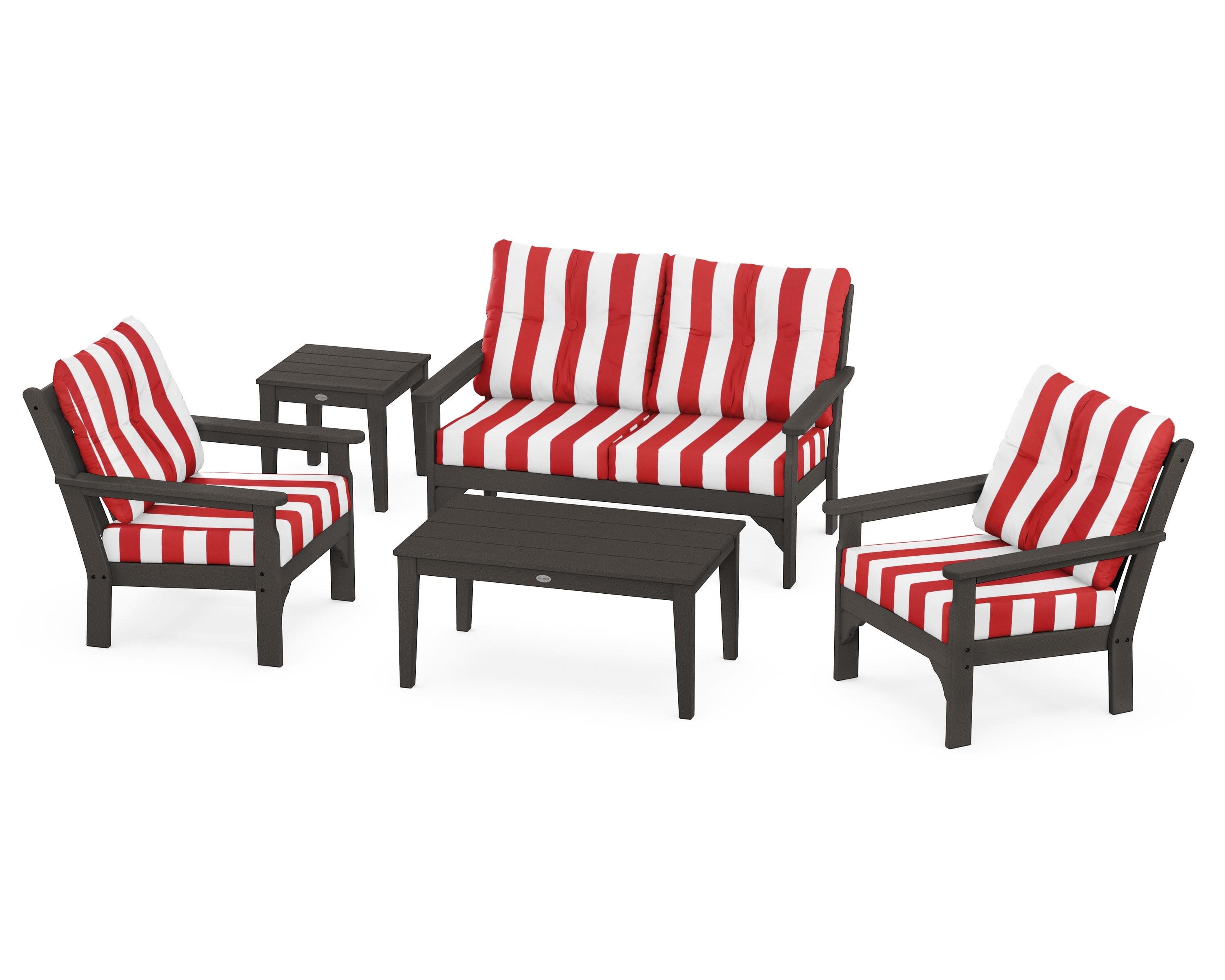 Vineyard 5-Piece Deep Seating Set in Vintage Coffee / Cabana Stripe Crimson