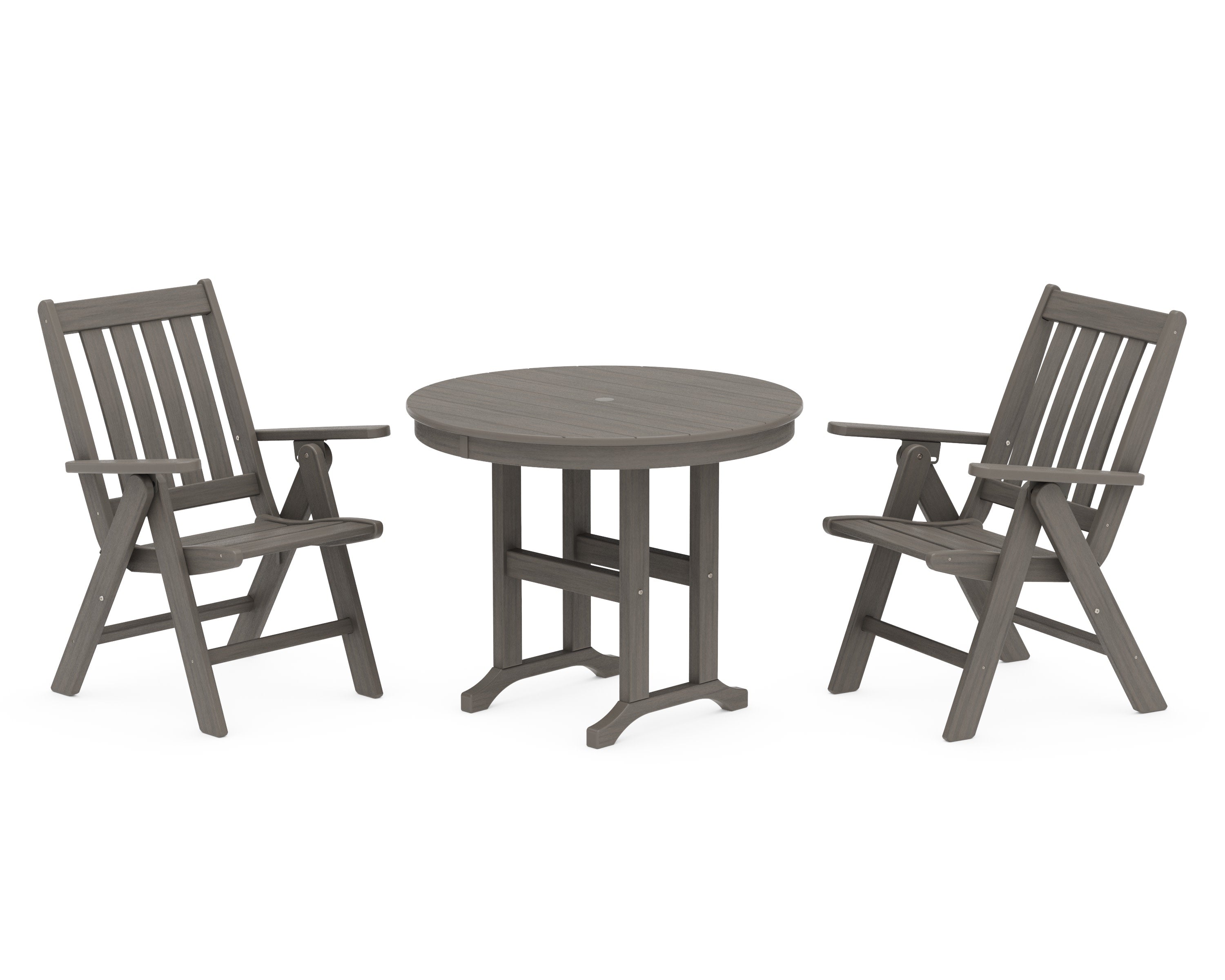 Vineyard Folding Chair 3-Piece Round Dining Set in Driftwood