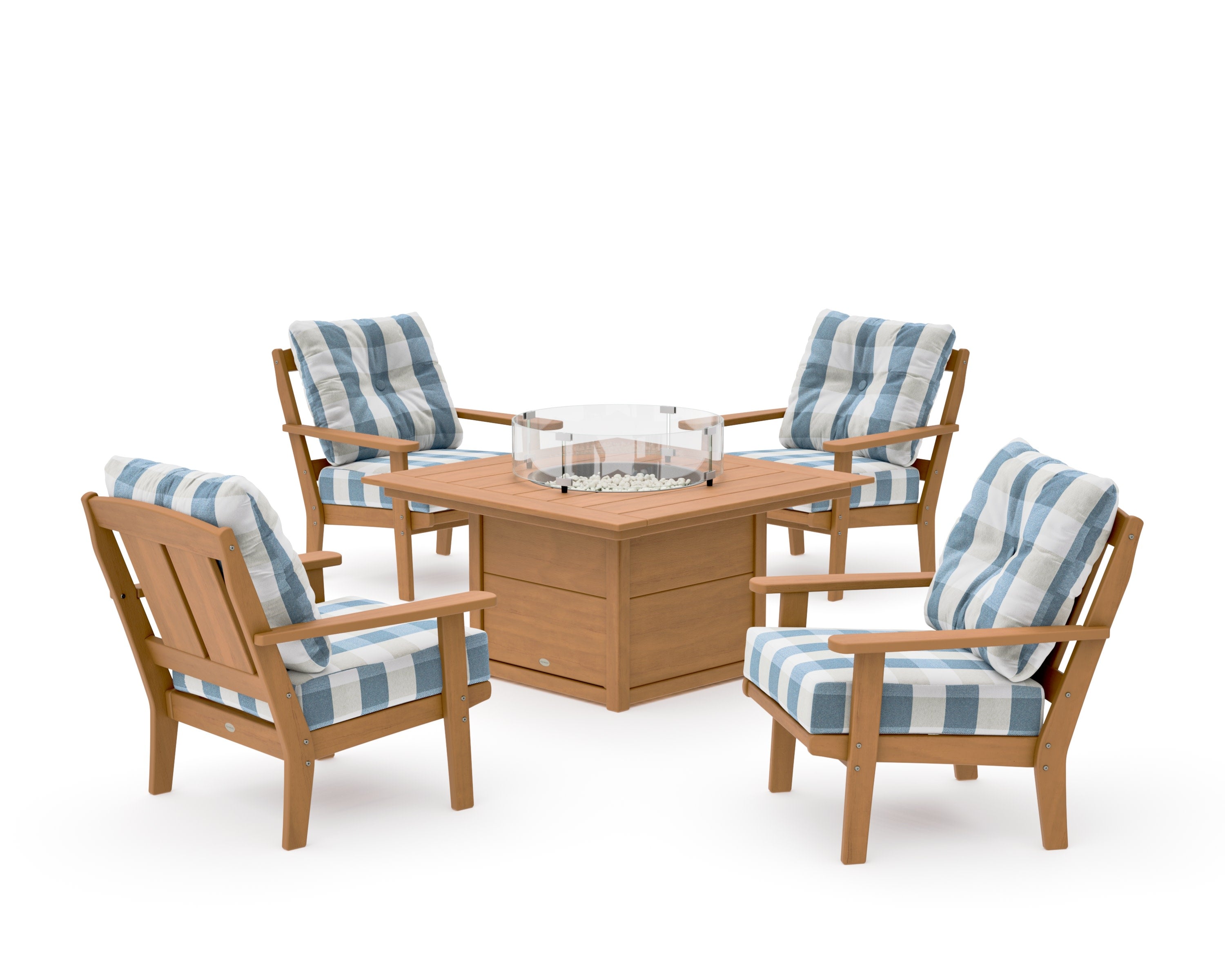 Mission 5-Piece Deep Seating Set with Fire Pit Table in Natural / Buffalo Plaid Sky Blue