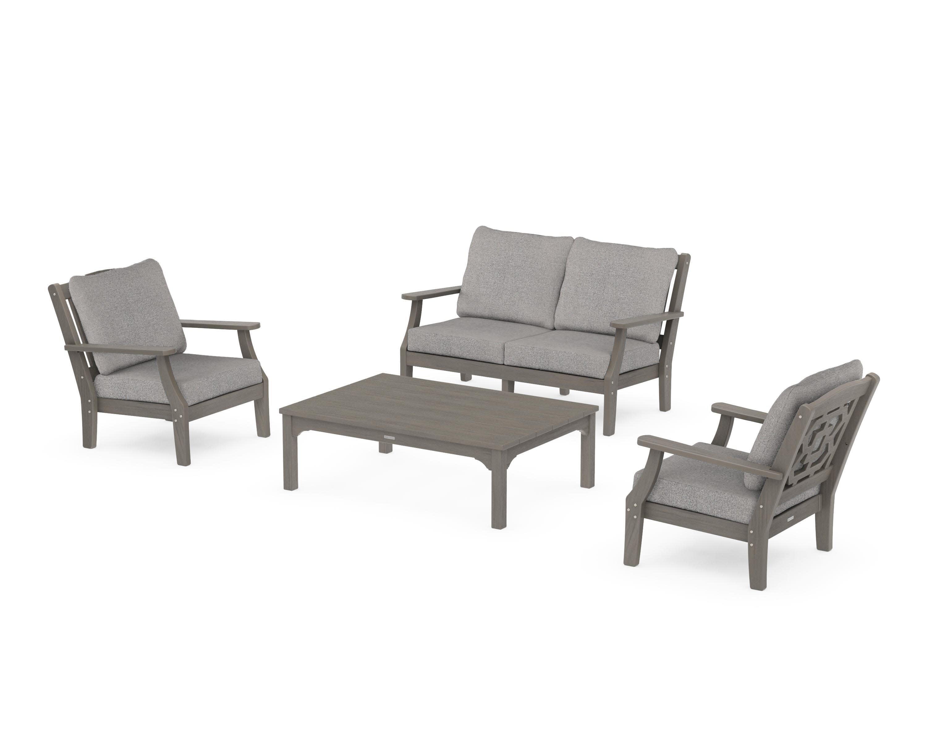 Chinoiserie 4-Piece Deep Seating Set with Loveseat in Driftwood / Grey Mist