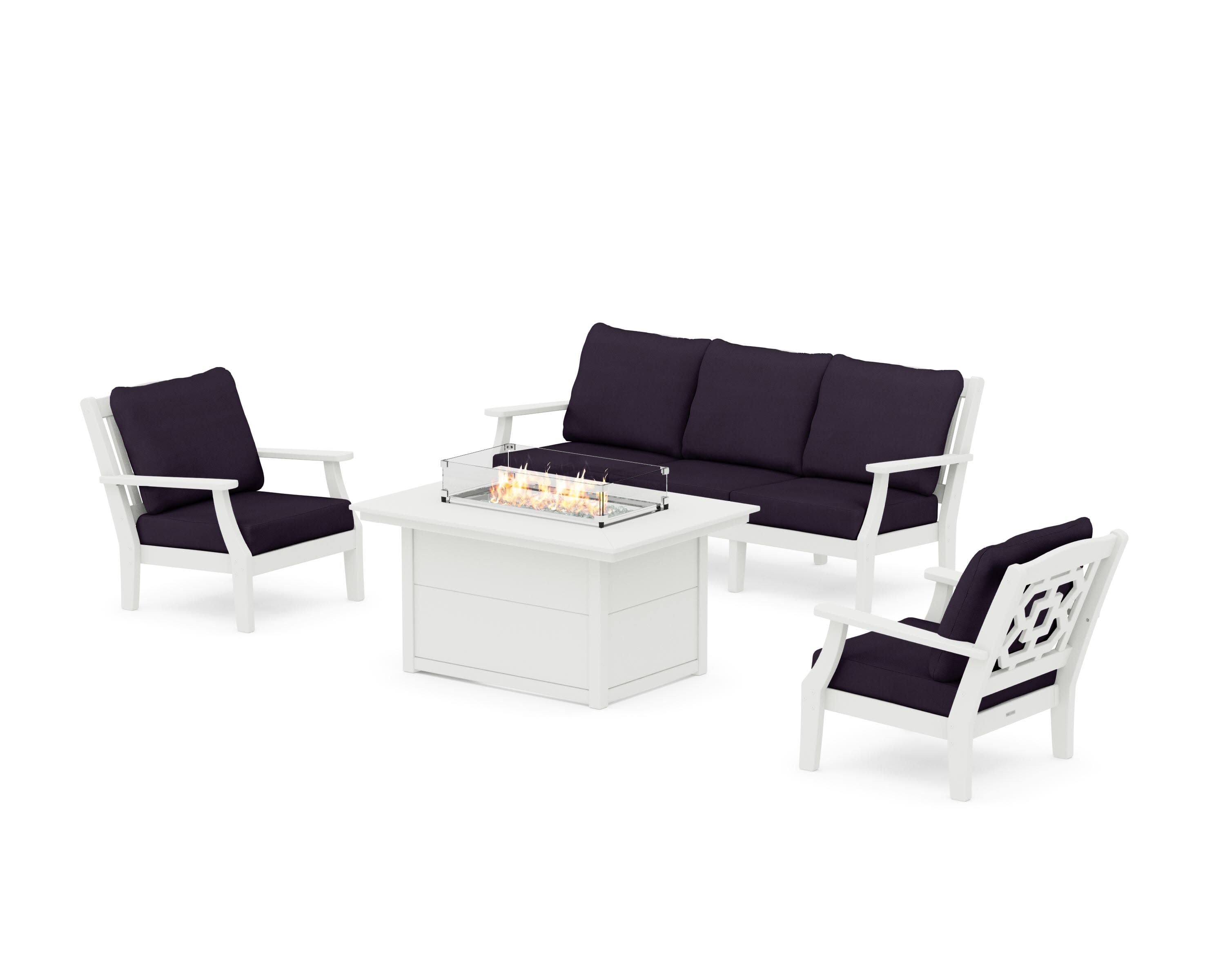 Chinoiserie Deep Seating Fire Pit Table Set in Vintage White / Navy Linen