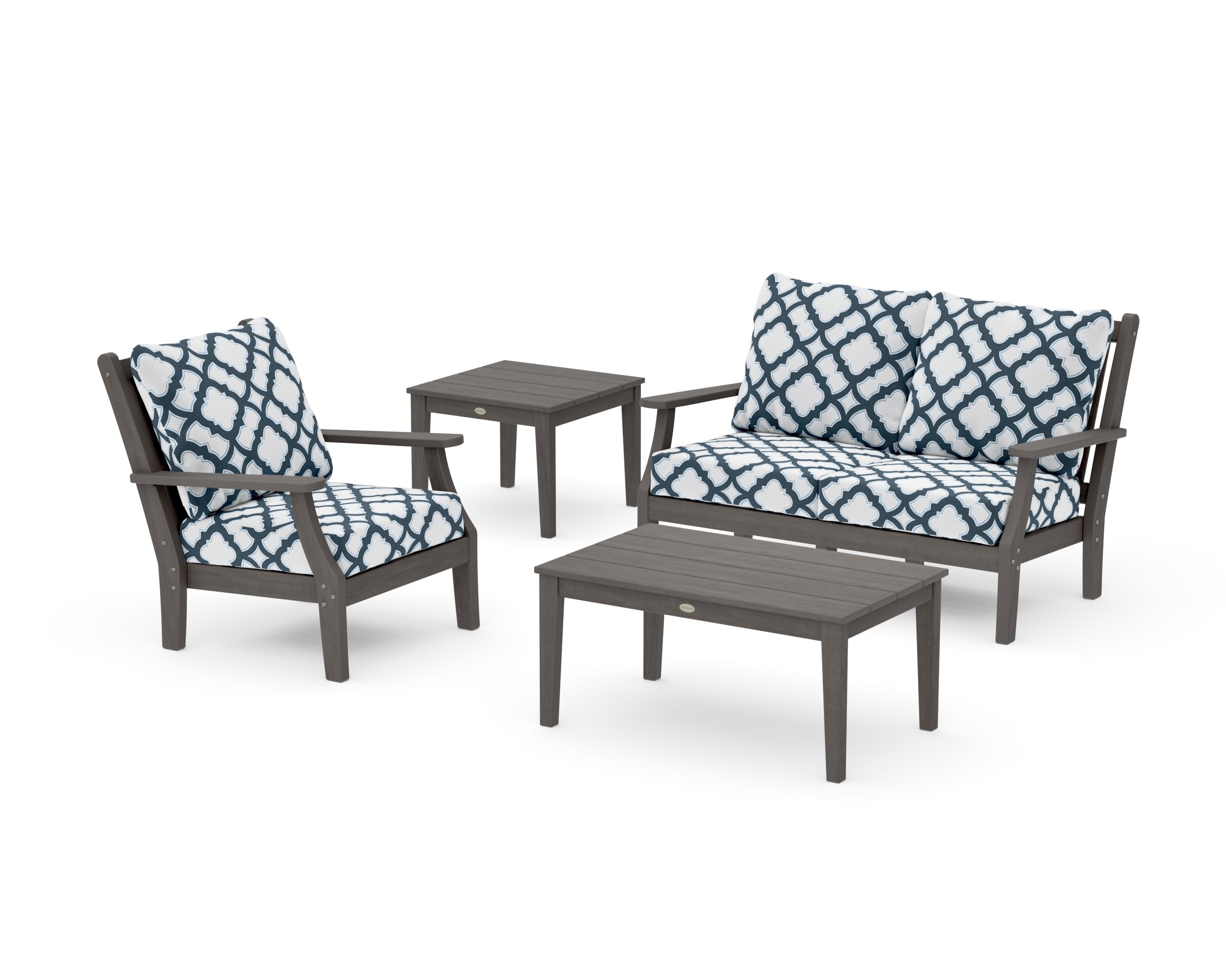 Wovendale 4-Piece Deep Seating Set in Driftwood / Trellis Marine Indigo