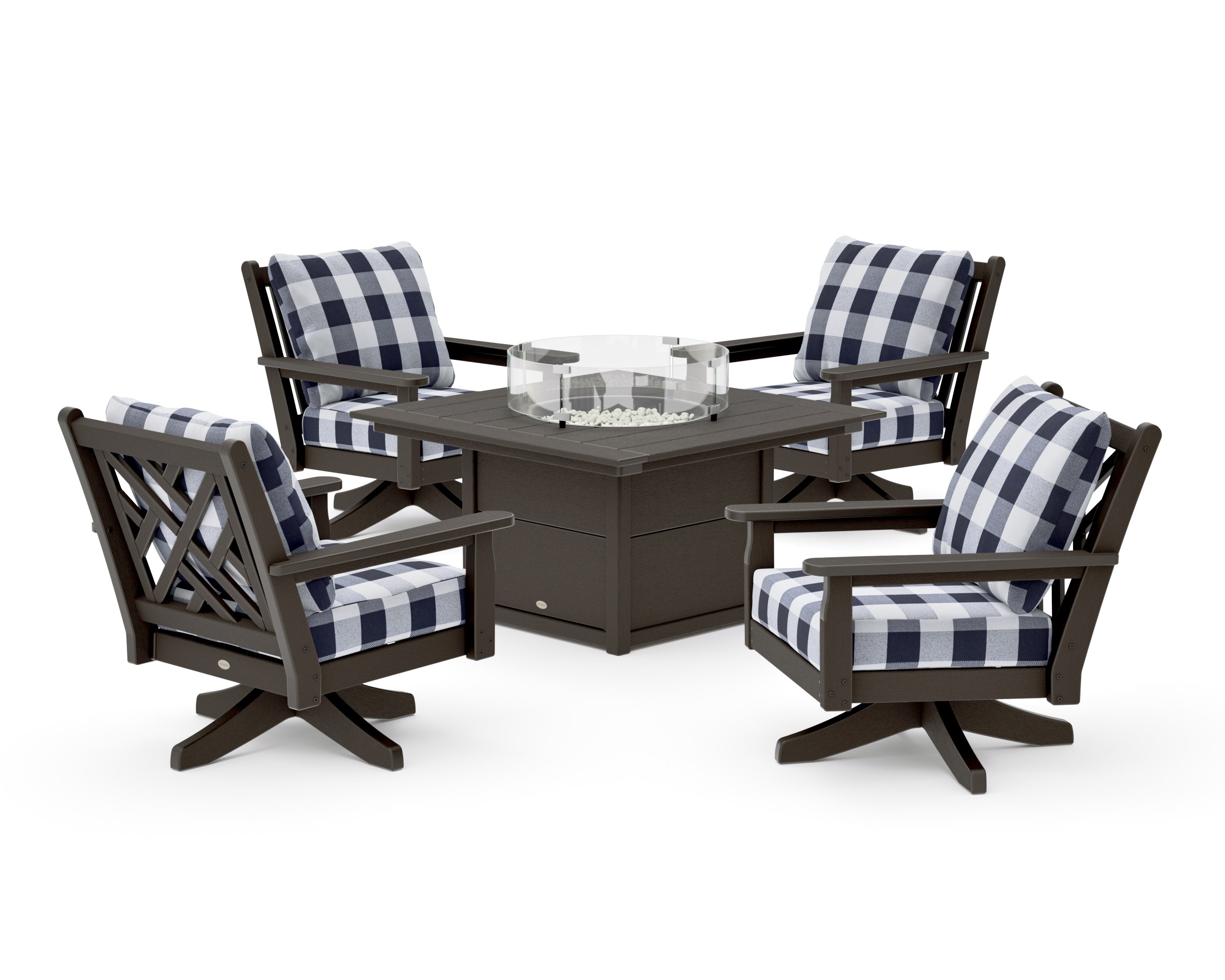 Chippendale 5-Piece Deep Seating Swivel Conversation Set with Fire Pit Table in Vintage Coffee / Buffalo Plaid Navy
